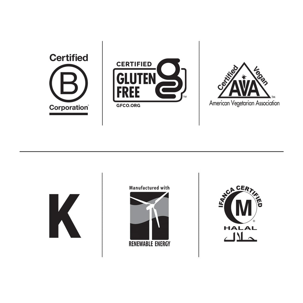 Certification logos for gluten free, vegan and halal
