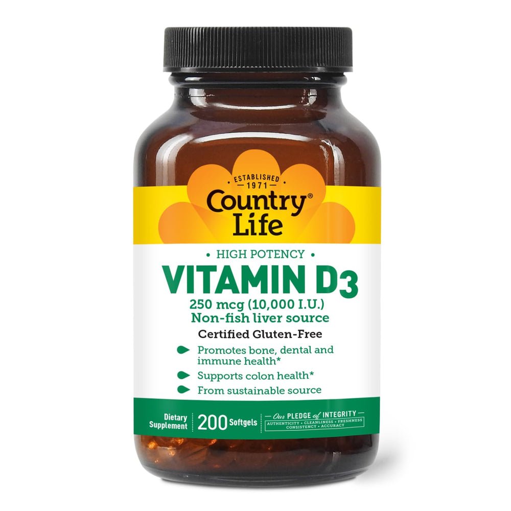 Country Life Vitamin D3 10,000 IU bottle with 200 softgels