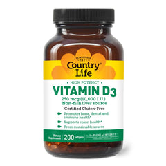 Country Life Vitamin D3 10,000 IU bottle with 200 softgels