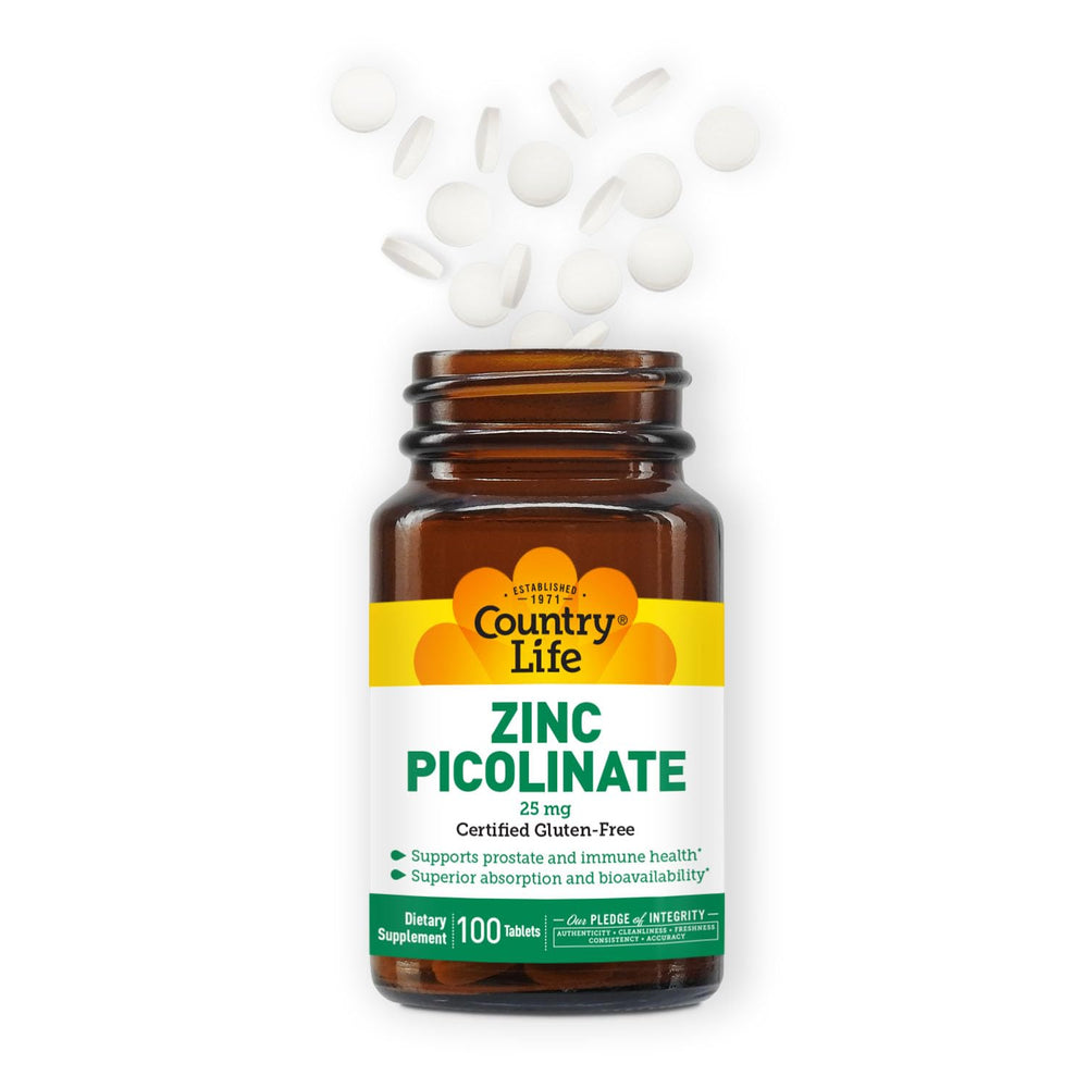 Country Life Zinc Picolinate 25 mg bottle with 100 tablets