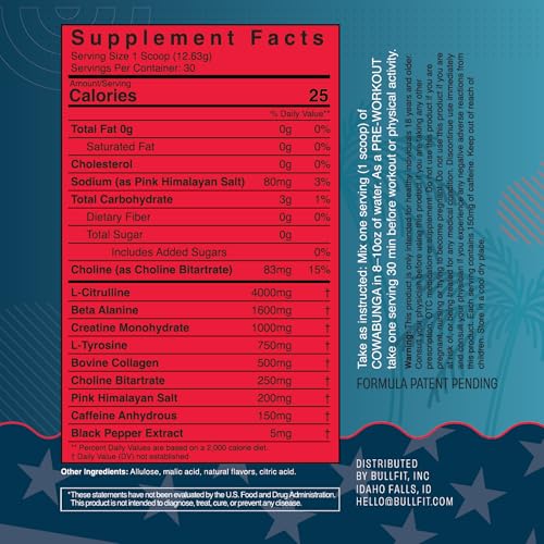 Ingredients highlight for Cowabunga pre-workout: L-Citrulline, Beta-Alanine, Creatine Monohydrate