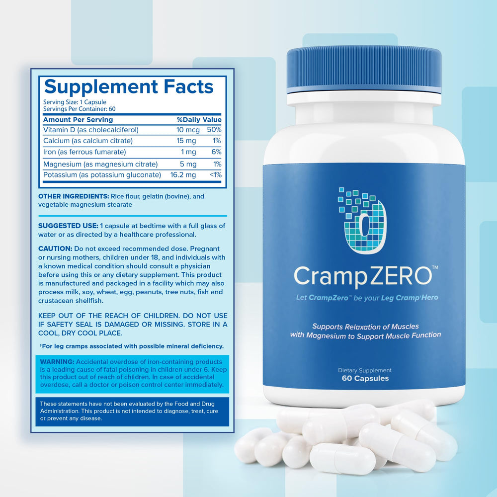 CrampZero ingredients illustration showing potassium, magnesium, calcium and vitamin D3