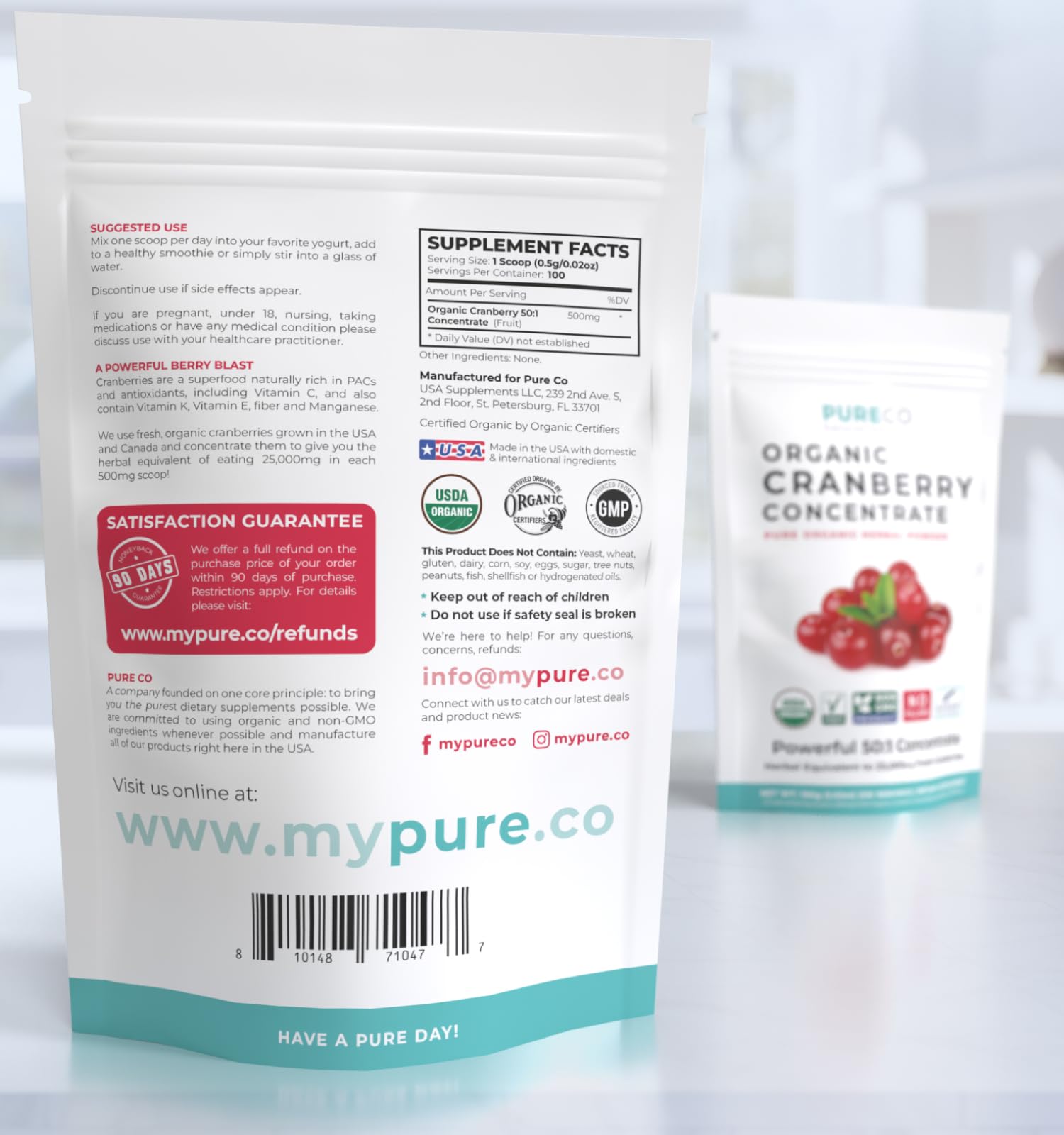 Packaging for cranberry concentrate powder with 100 servings