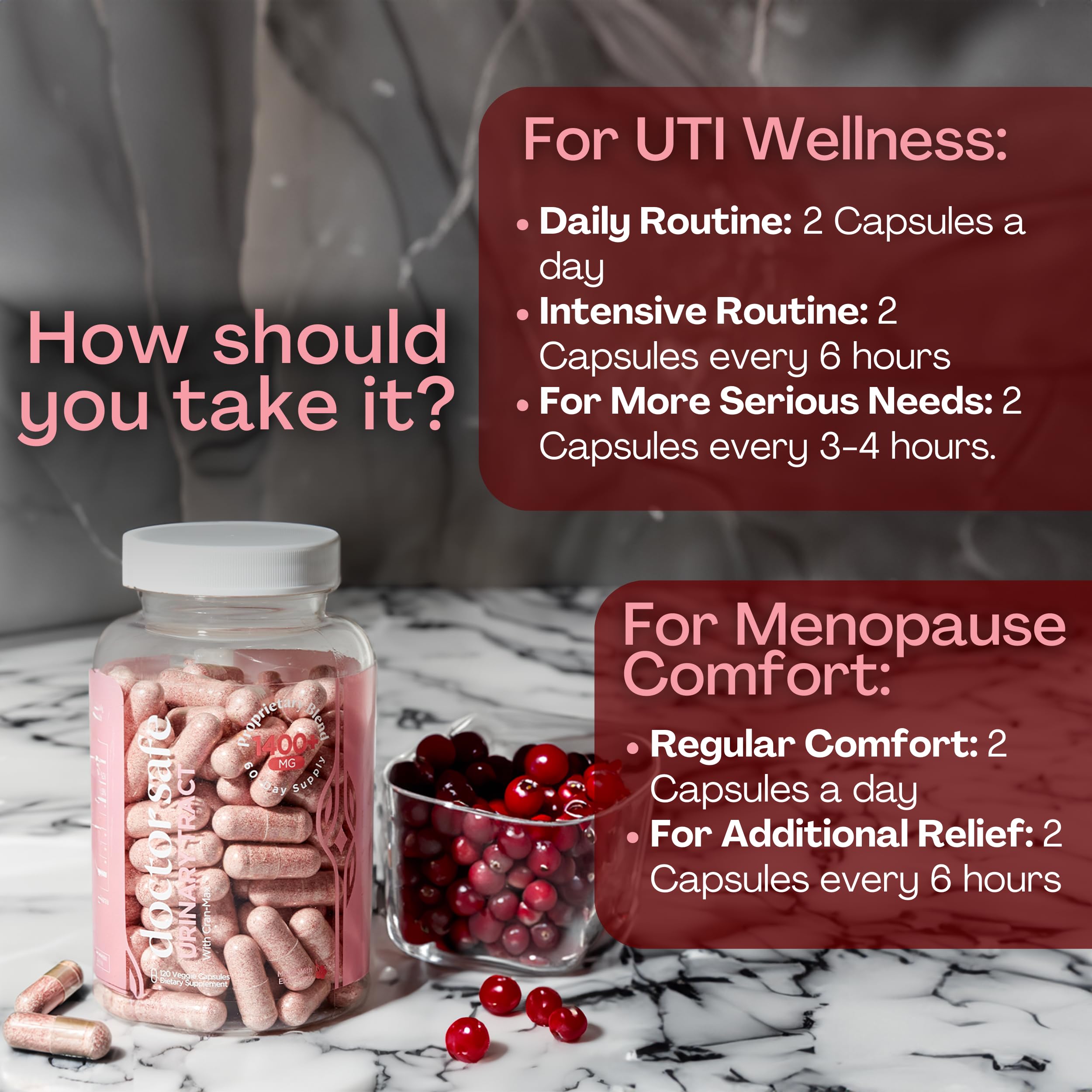 Product packaging lineup showing Cranberry & D-Mannose capsules