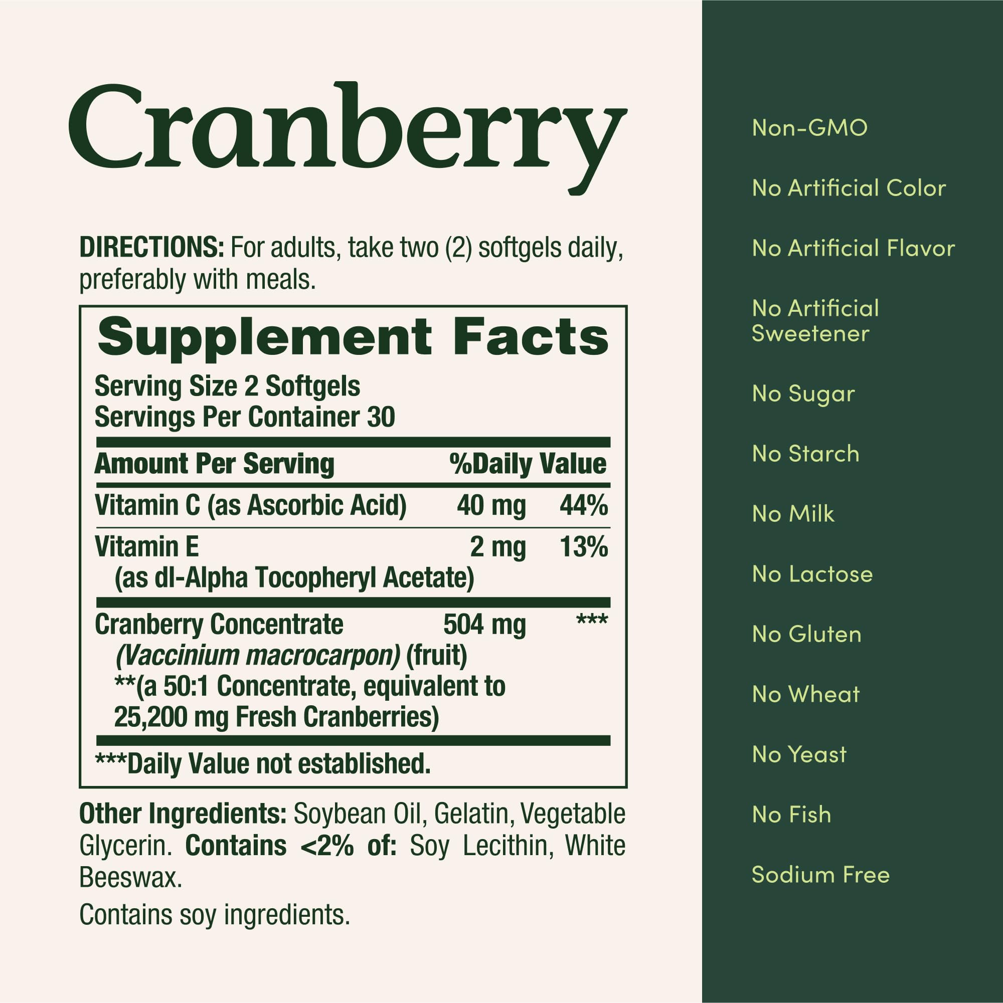 Close-up of cranberry dietary supplement label