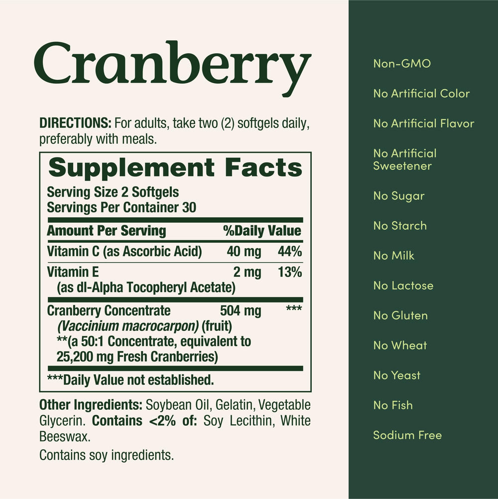 Close-up of cranberry dietary supplement label