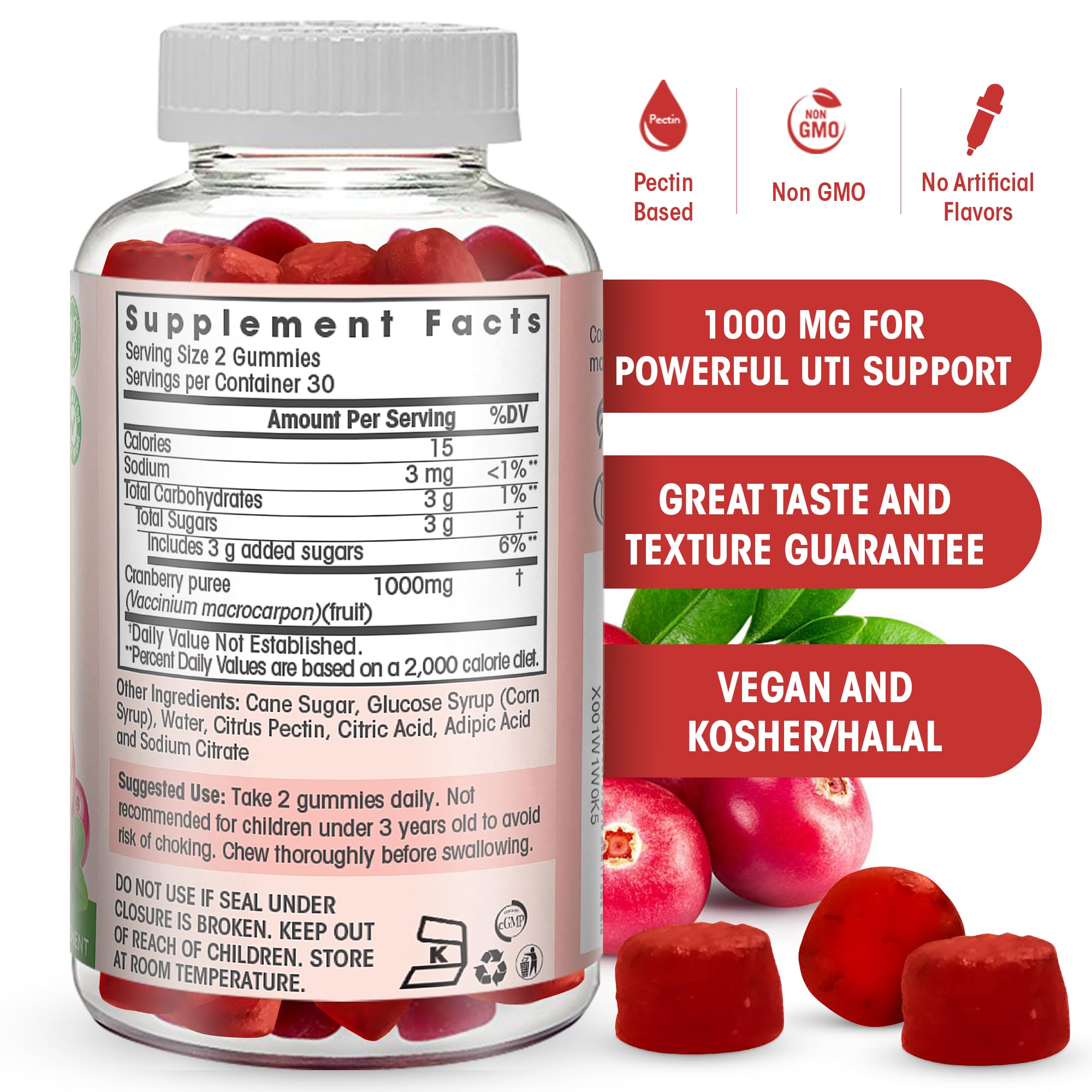 Pectin-based vegan, kosher, halal cranberry gummies nutrition label