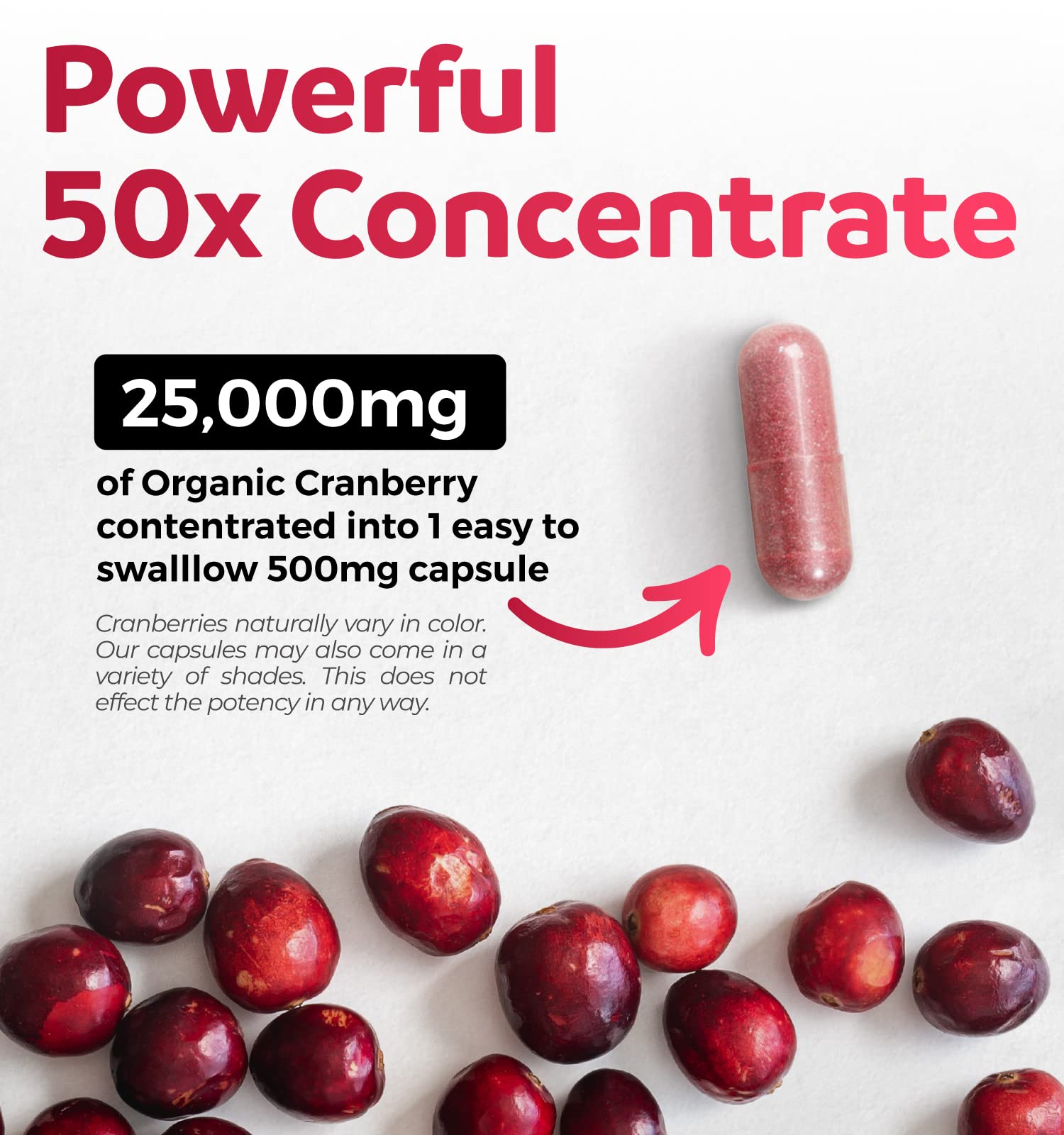 Close-up of cranberry pills showing 50:1 concentrate