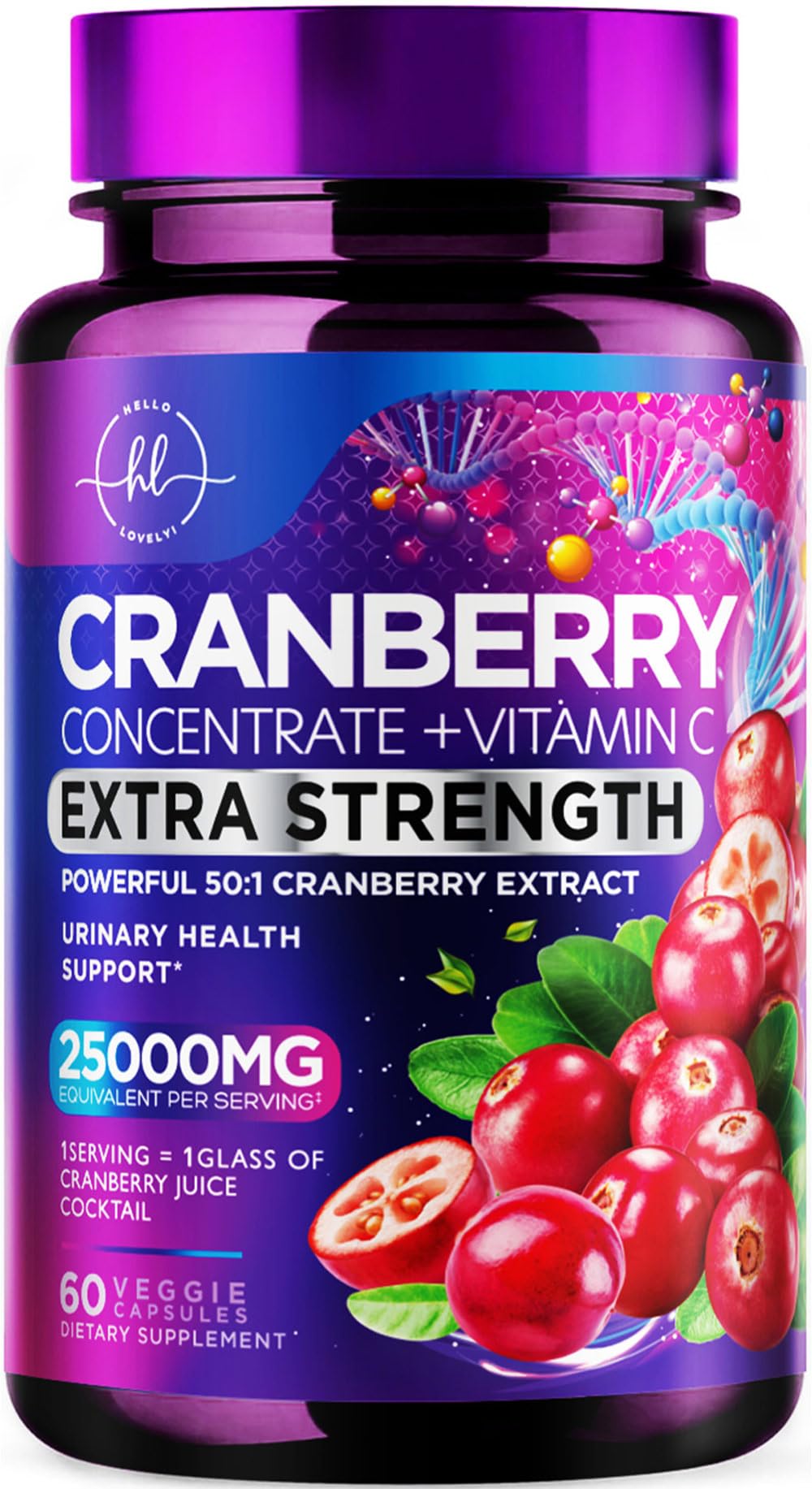 Cranberry supplement bottle with 60 sugar-free capsules