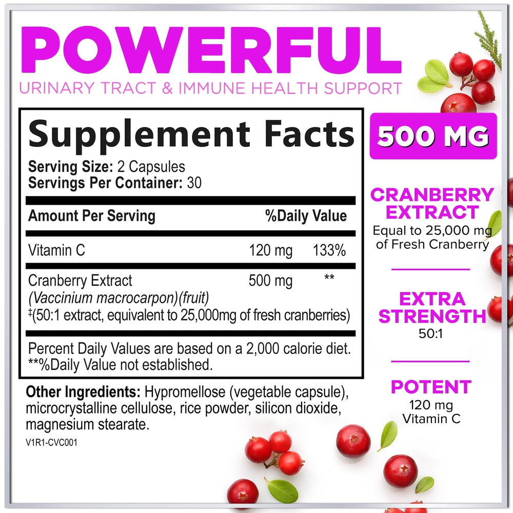 Close-up of cranberry extract pills showing 3X strength formula