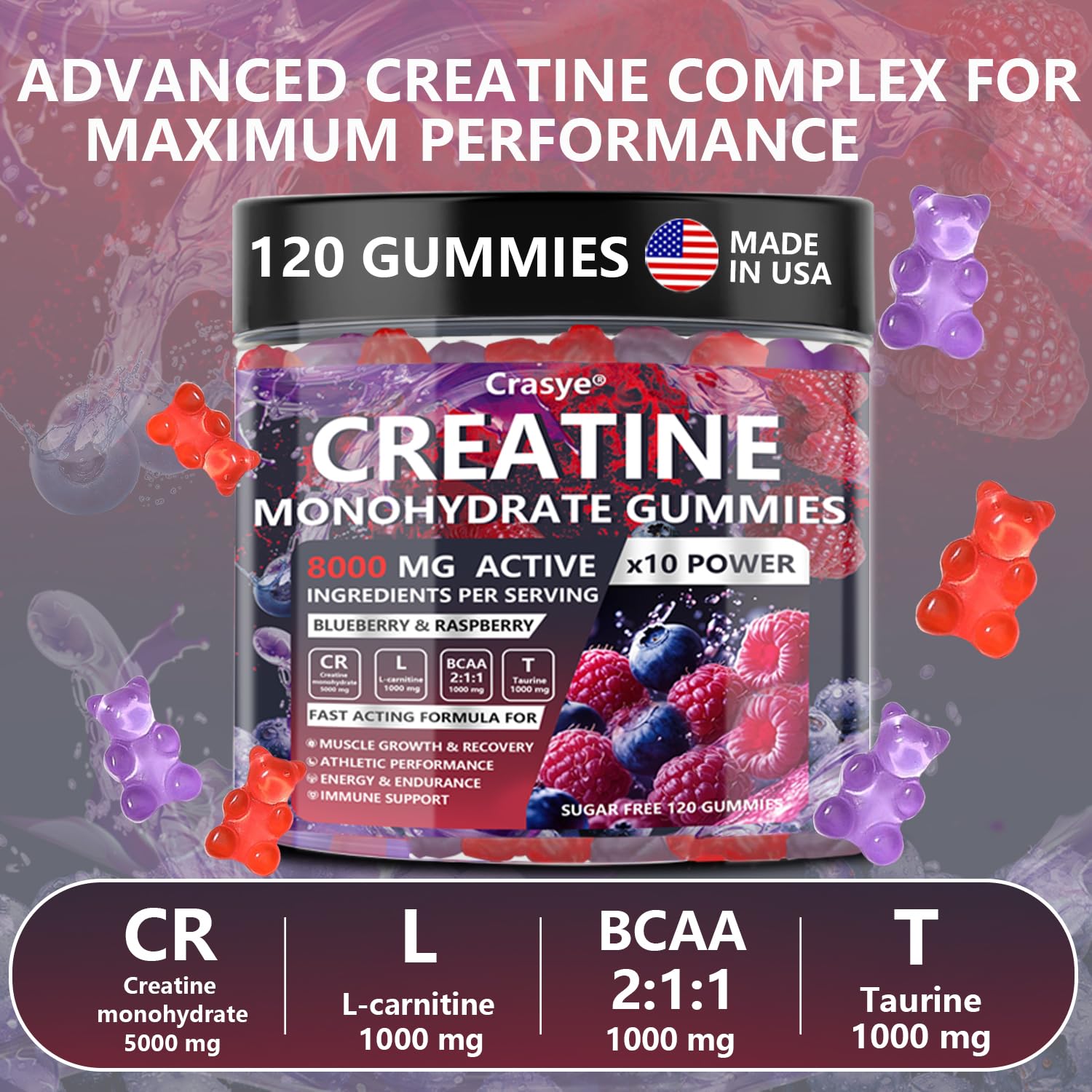Crasye Creatine Gummies bottle shown from the side
