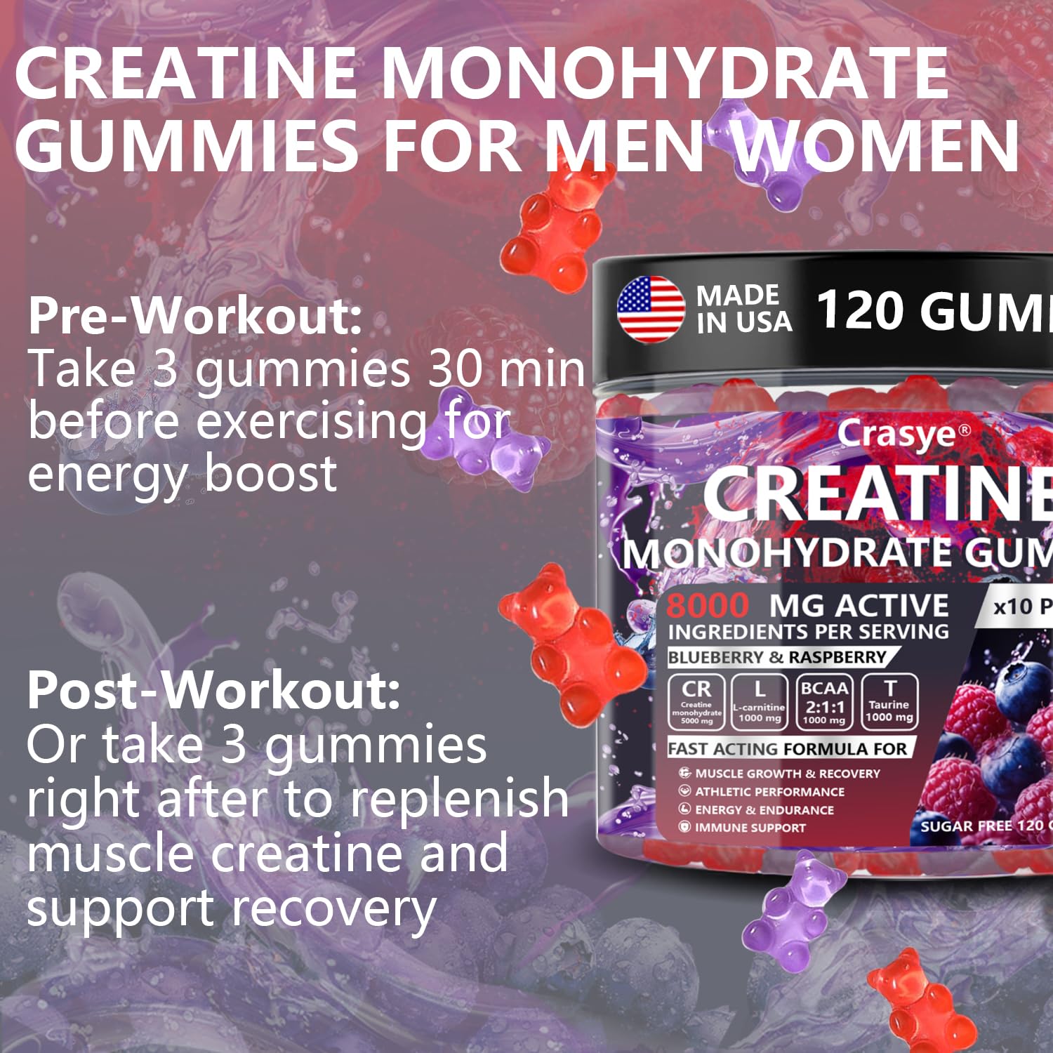Packaging and bottle of Crasye Creatine Gummies Complex 8000mg