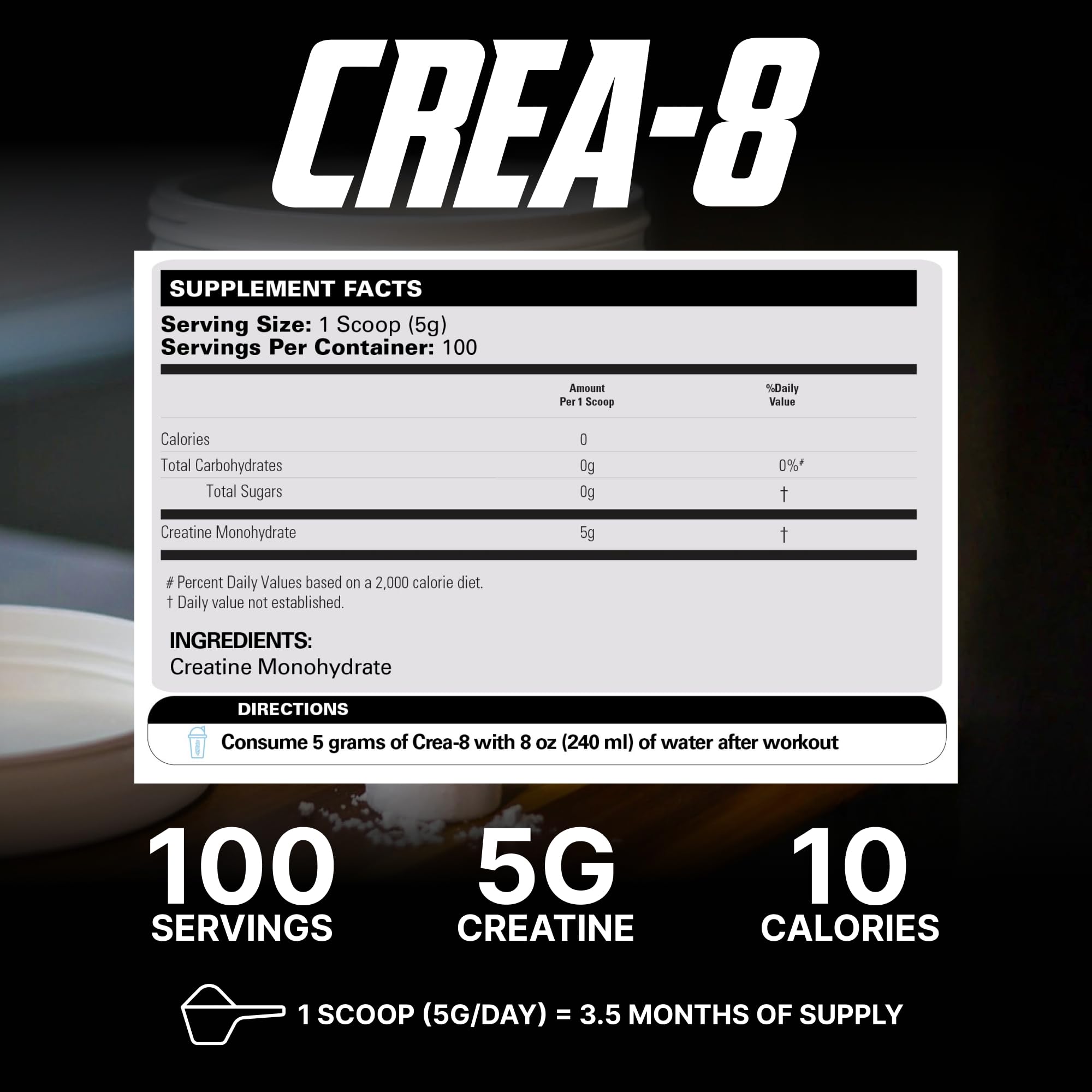 CREA-8 nutrition panel on back of 500g tub