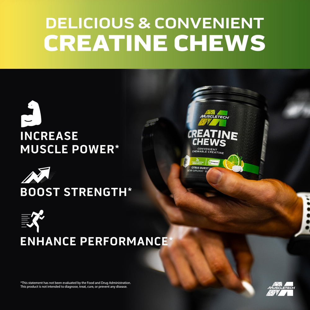 Close-up of MuscleTech Creatine Chews showing 3g Creapure per serving
