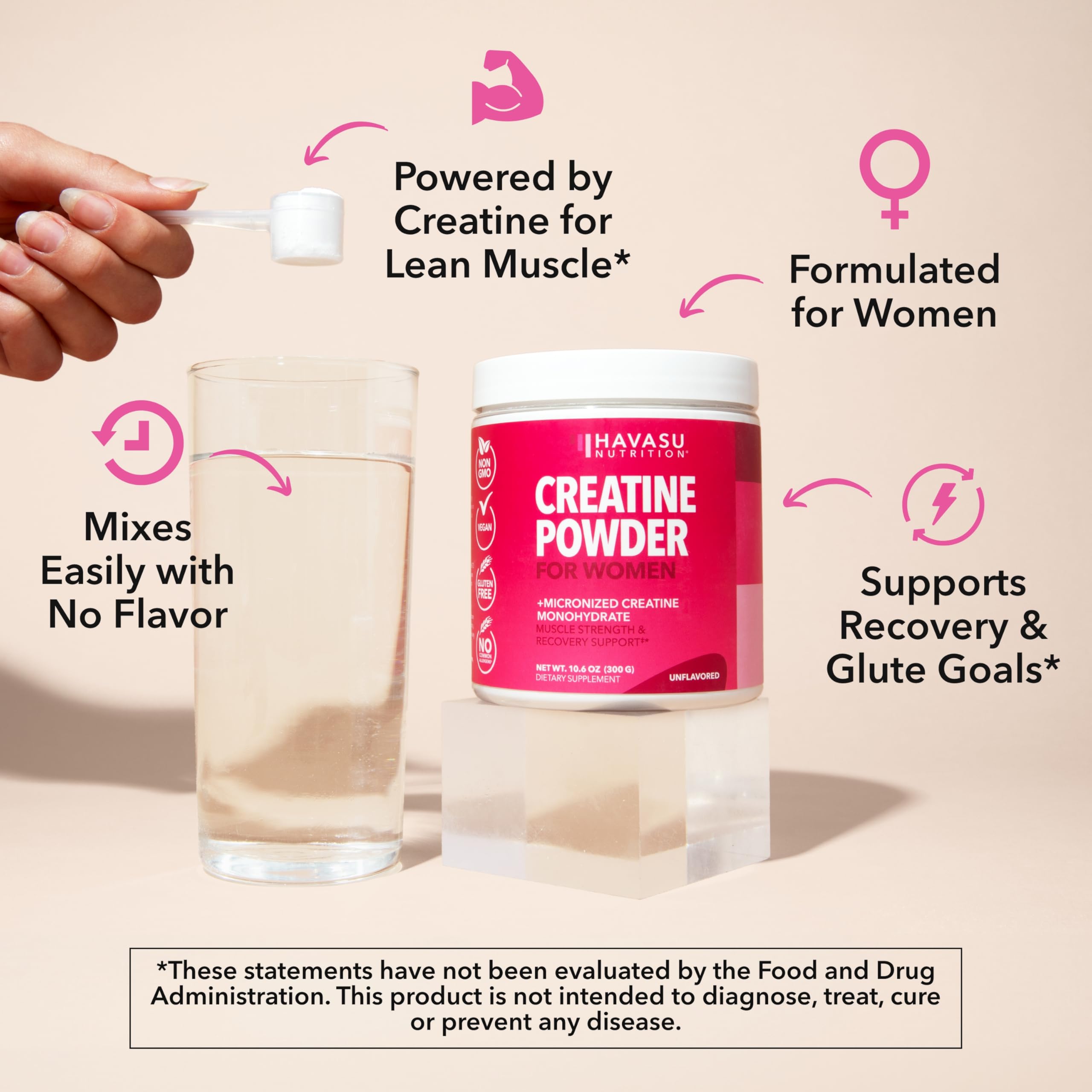 Packaging showing vegan and non-GMO labels for Creatine for Women