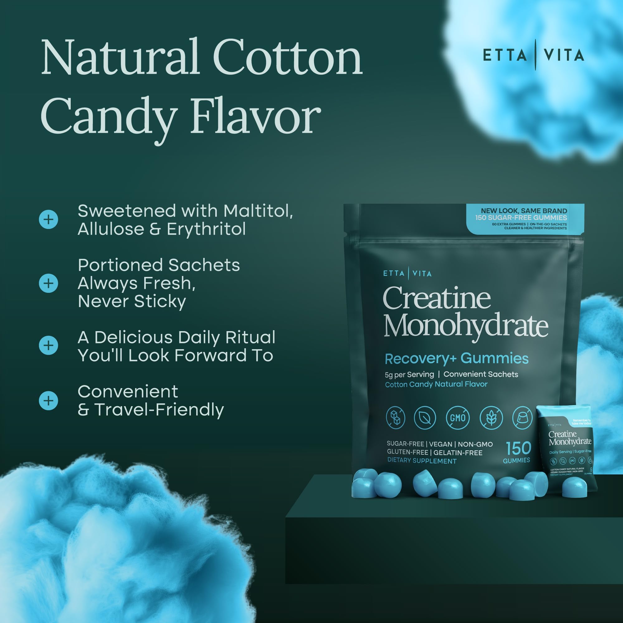Close-up of a blue sugar-free creatine gummy