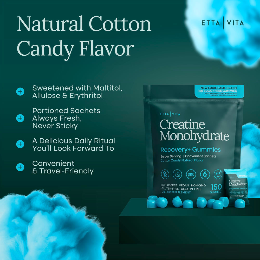 Close-up of a blue sugar-free creatine gummy