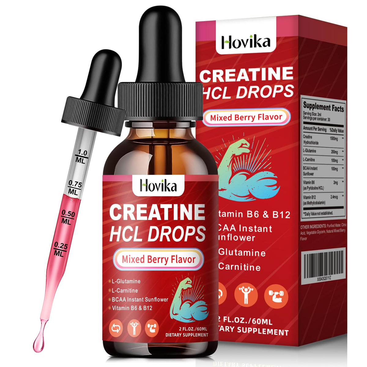 Creatine HCL liquid drops bottle with mixed berry flavor label