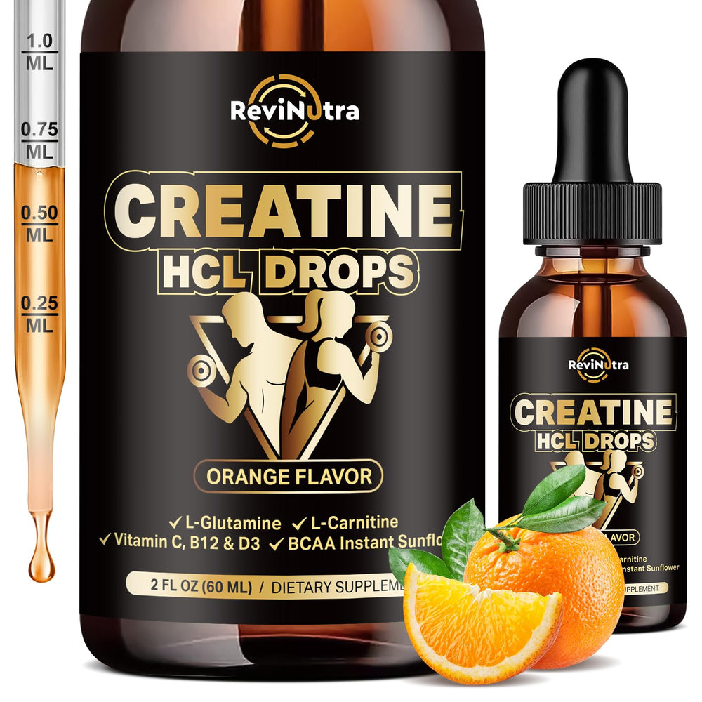 Creatine HCl liquid drops bottle with orange flavor label
