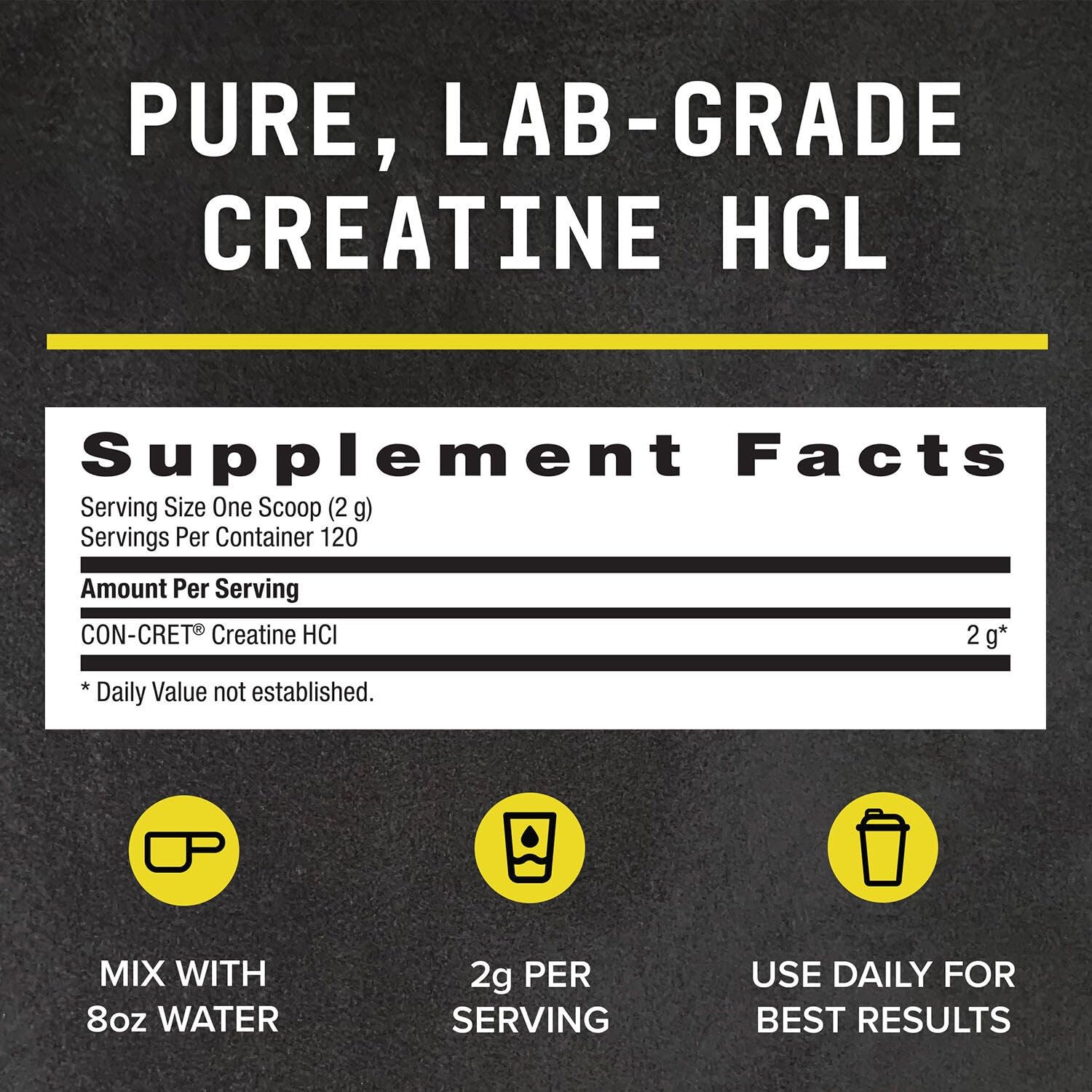Container displaying 120 servings of Creatine HCl powder
