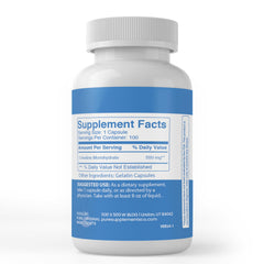 Product label highlighting 100 capsules and purity