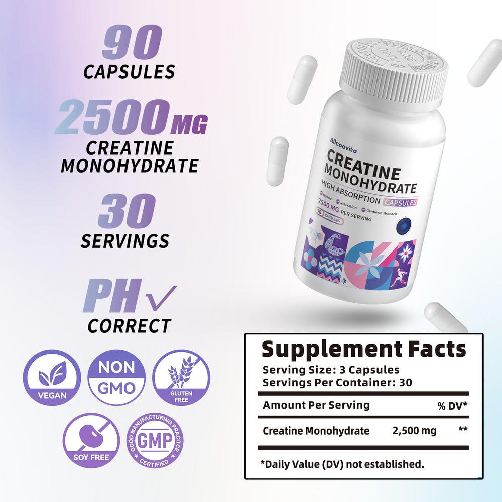 Close-up of Allcoovita Creatine Monohydrate Capsules showing 2500mg per serving