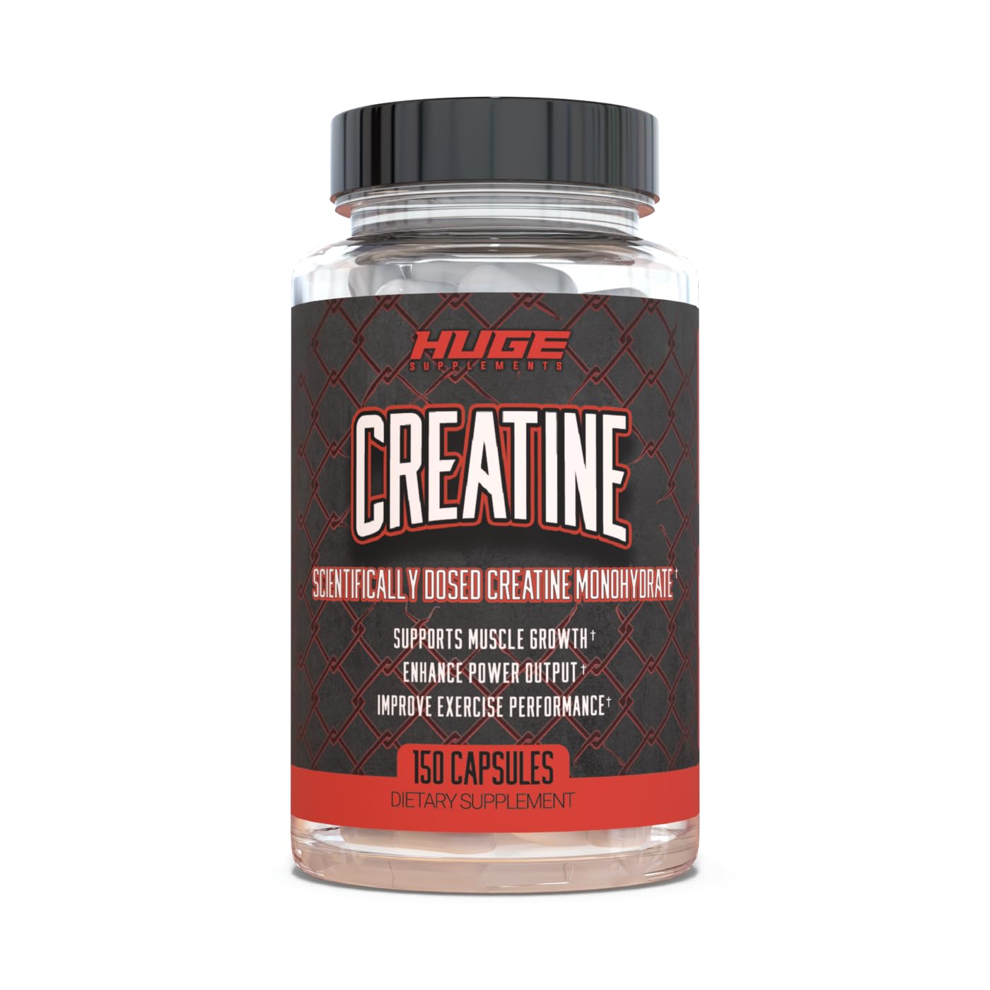 Creatine Monohydrate Capsules bottle front with 5 g serving highlighted