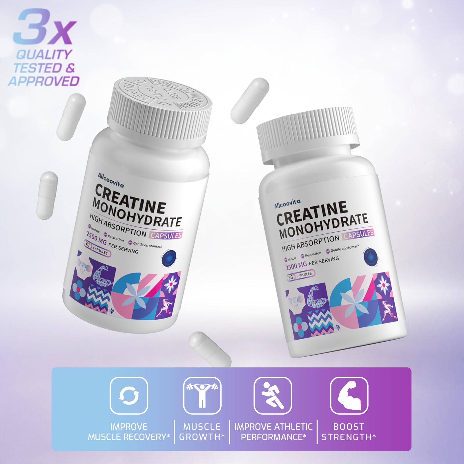 Allcoovita Creatine Monohydrate Capsules bottle in 90-count packaging