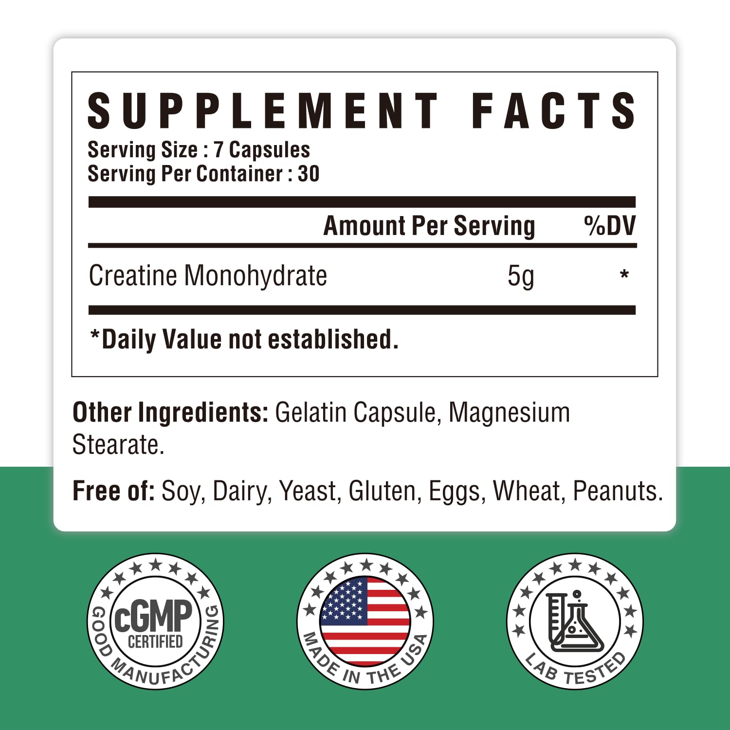 Back view of the Creatine Monohydrate Capsules bottle with supplement facts