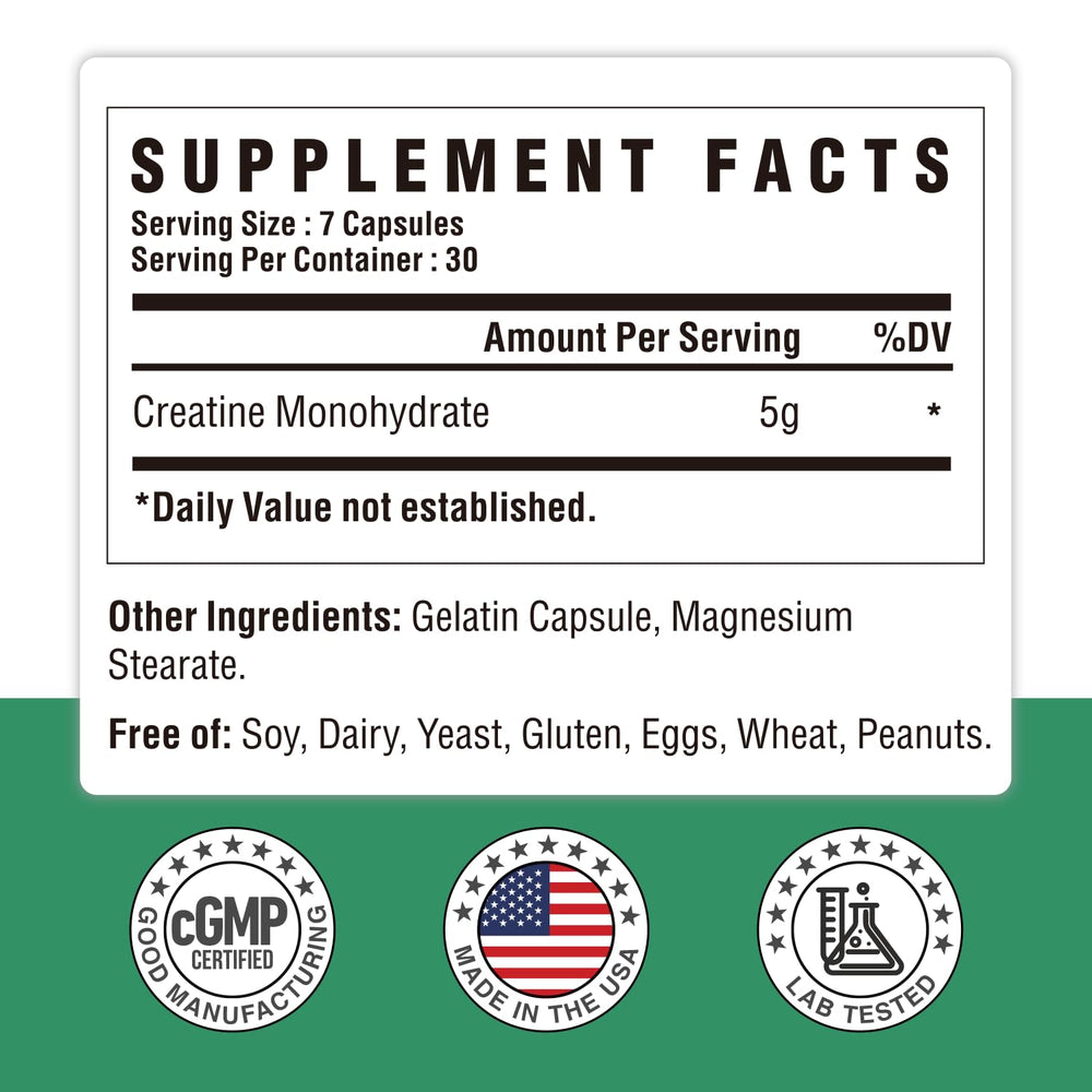 Back view of the Creatine Monohydrate Capsules bottle with supplement facts