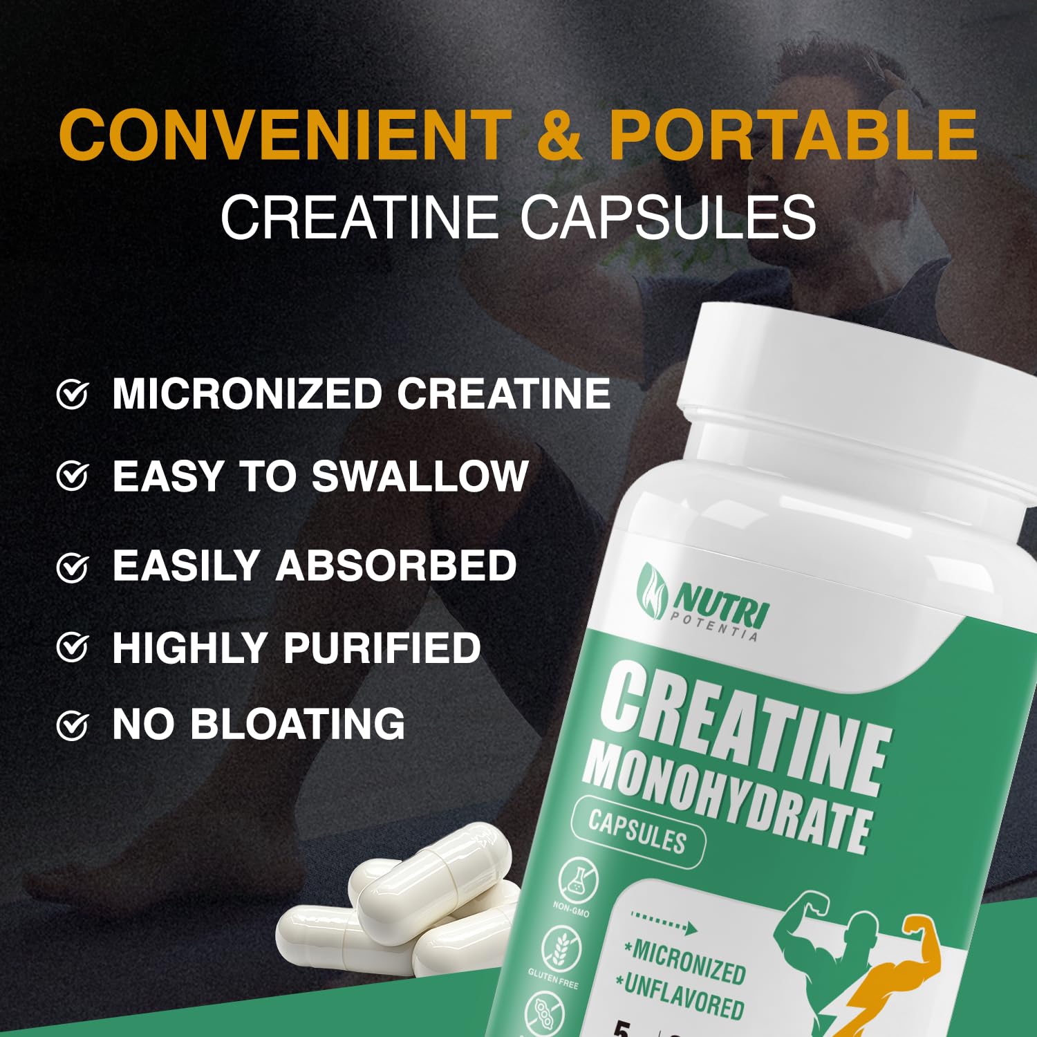 Another close-up shot of Creatine Monohydrate capsules