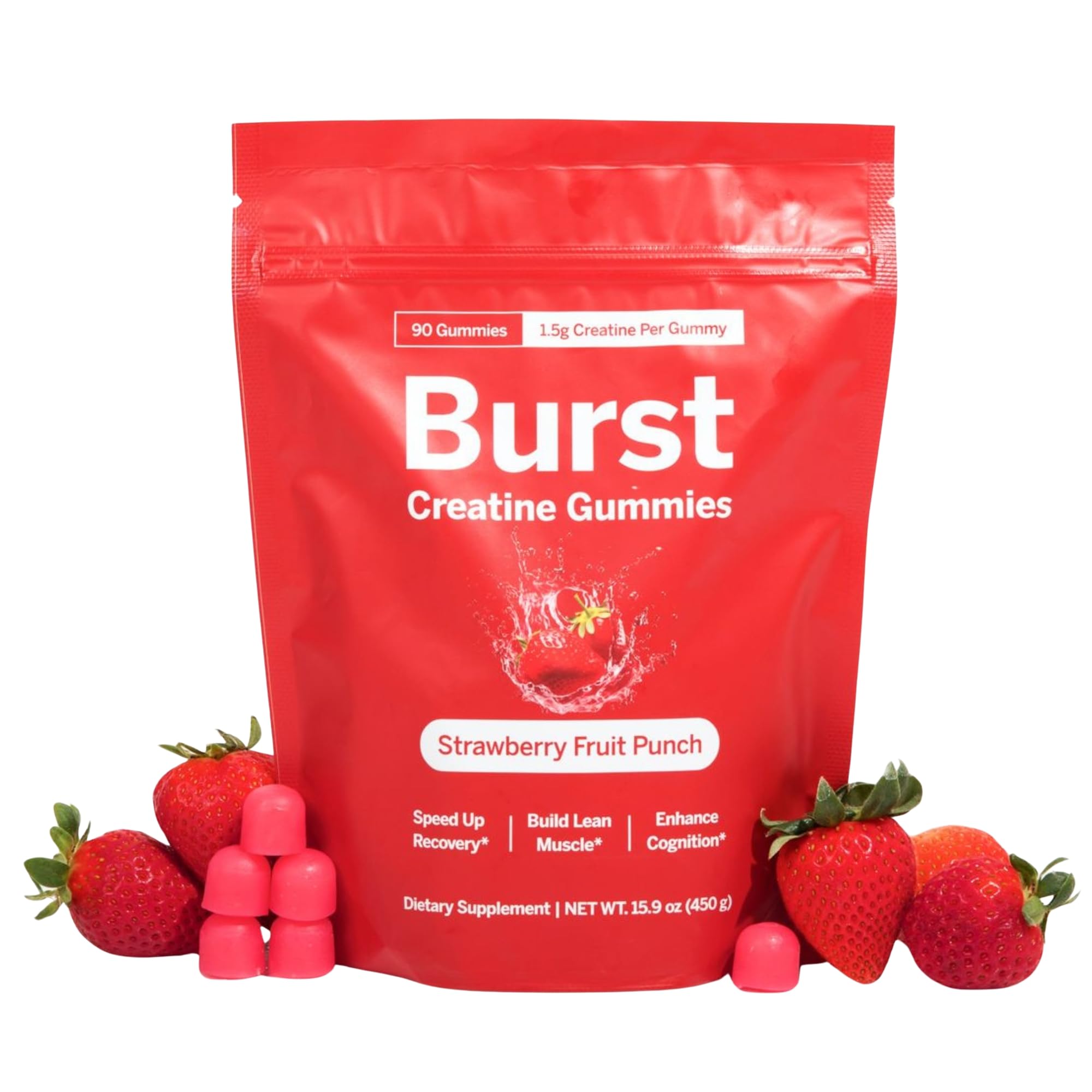 Bottle of Creatine Monohydrate Gummies with Strawberry flavor, 90 count