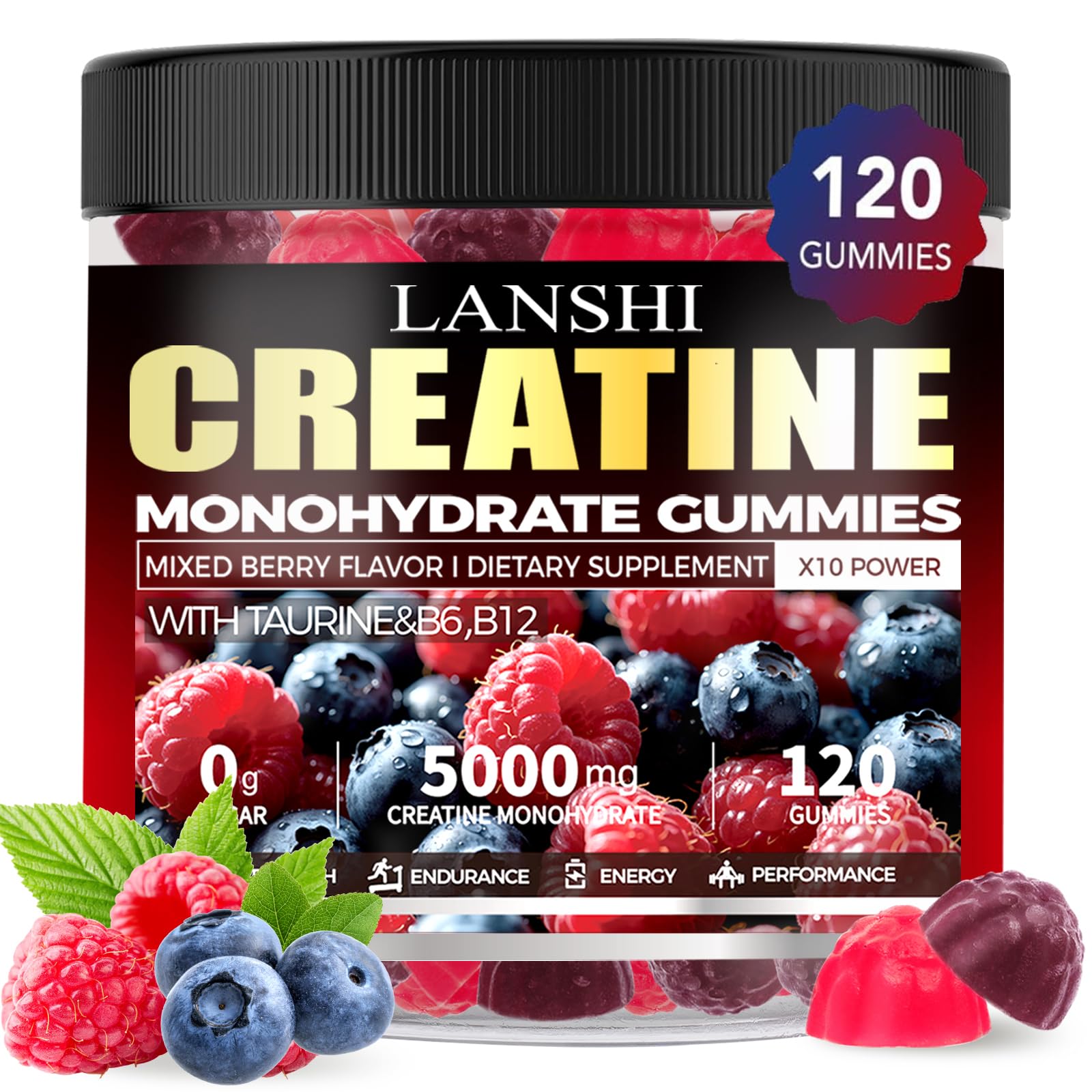 Creatine Monohydrate Gummies bottle front with mixed berry flavor
