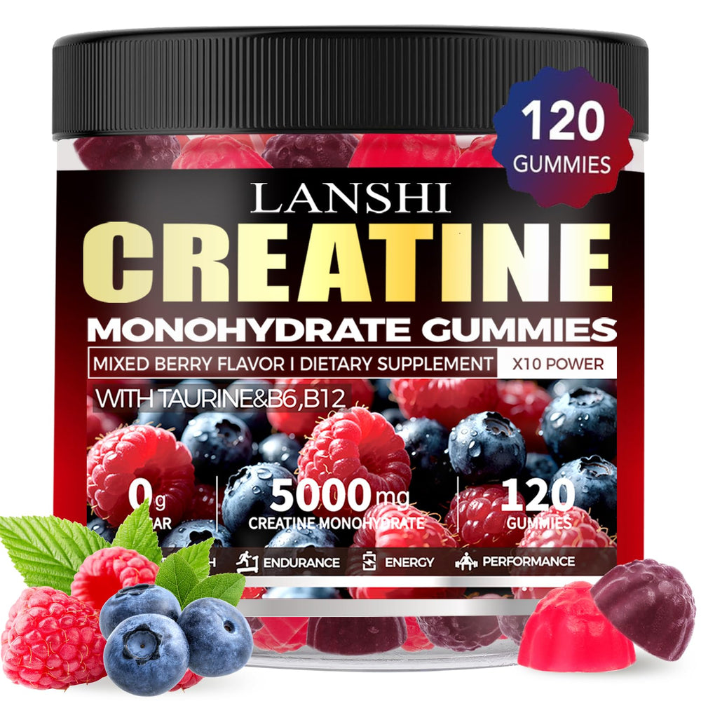 Creatine Monohydrate Gummies bottle front with mixed berry flavor