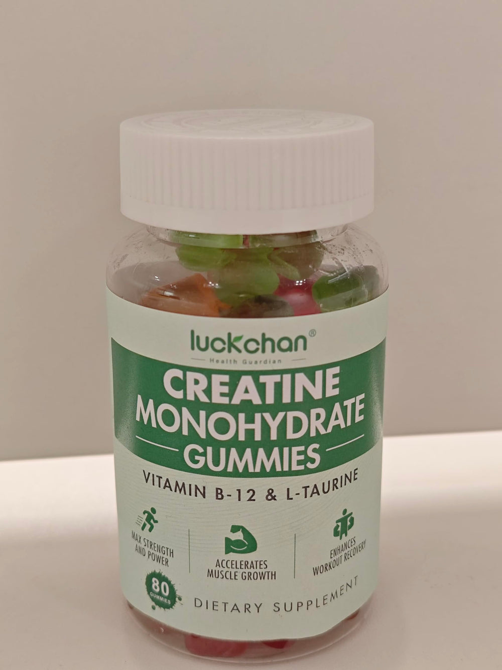 Gummy bottle with bold product branding on counter