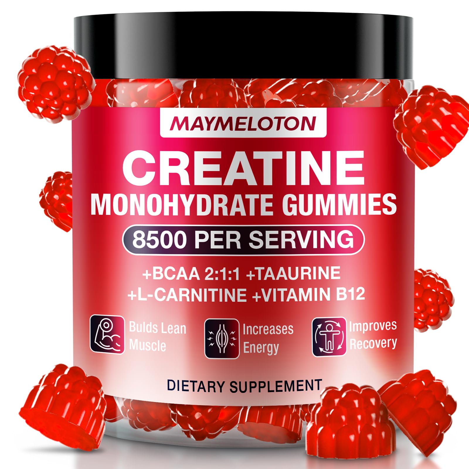Creatine Monohydrate Gummies bottle with Raspberry flavor label