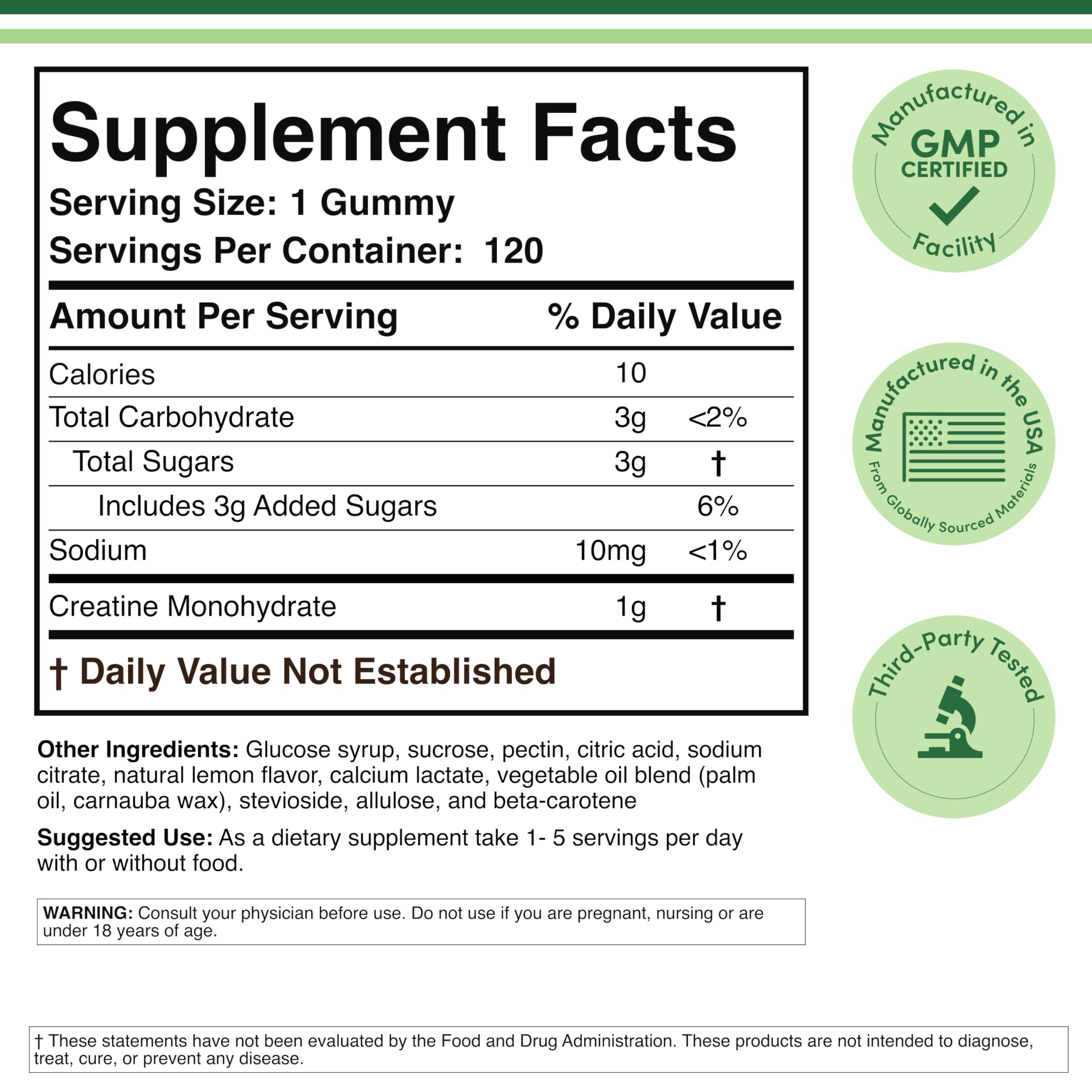 Close-up of a single 1g Creatine Monohydrate gummy