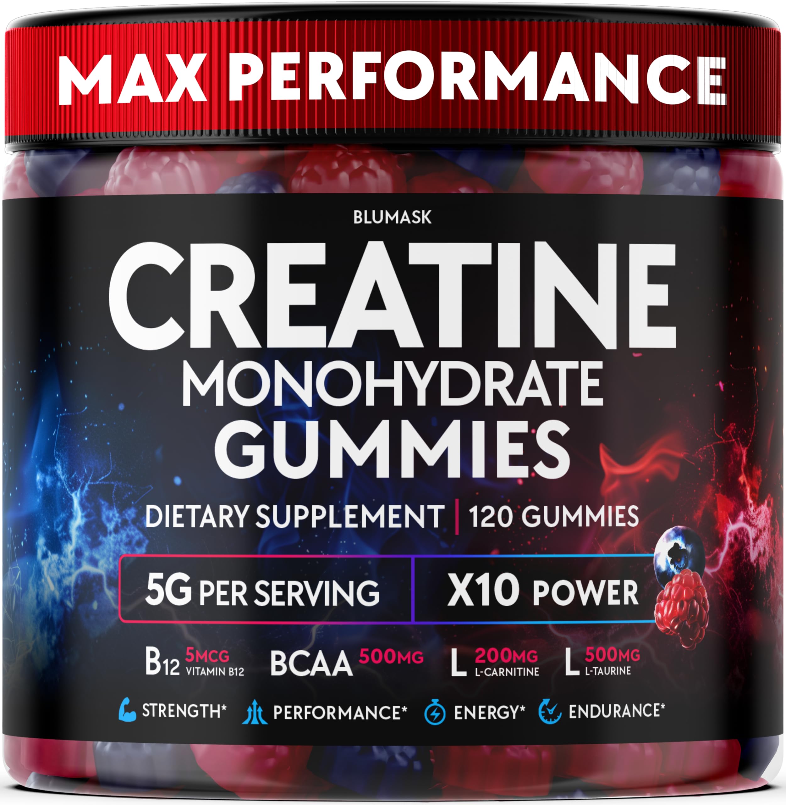 Front view of Creatine Monohydrate Gummies 5000 MG in raspberry-blueberry flavor