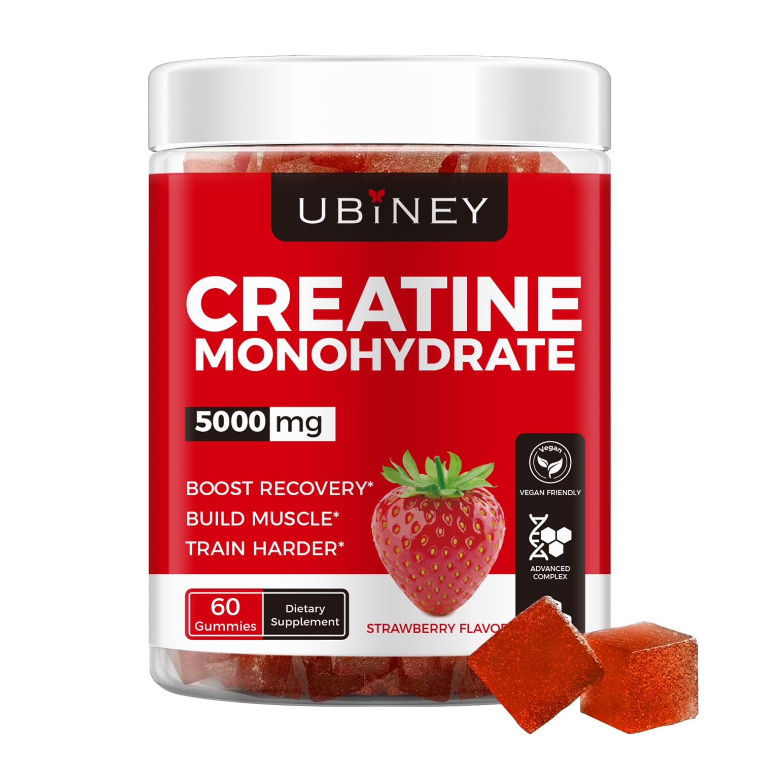 Front view of Creatine Monohydrate Gummies 60-count strawberry flavor