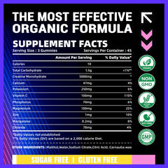 Close-up of three gummies showing serving size of 5g creatine monohydrate