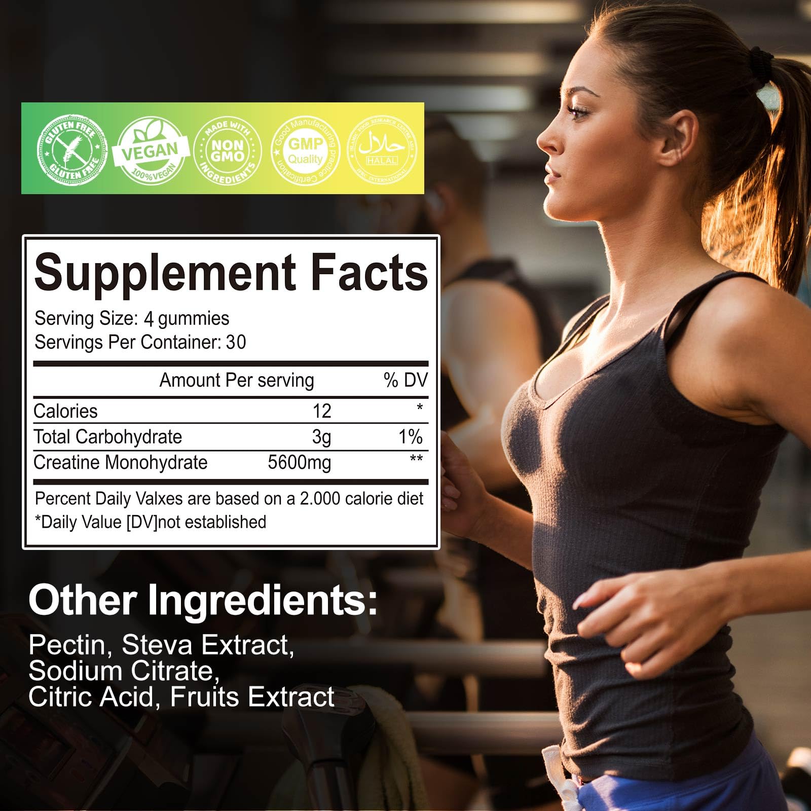 Back label showing nutrition and ingredients on Creatine Monohydrate Gummies Lemon, 120 count