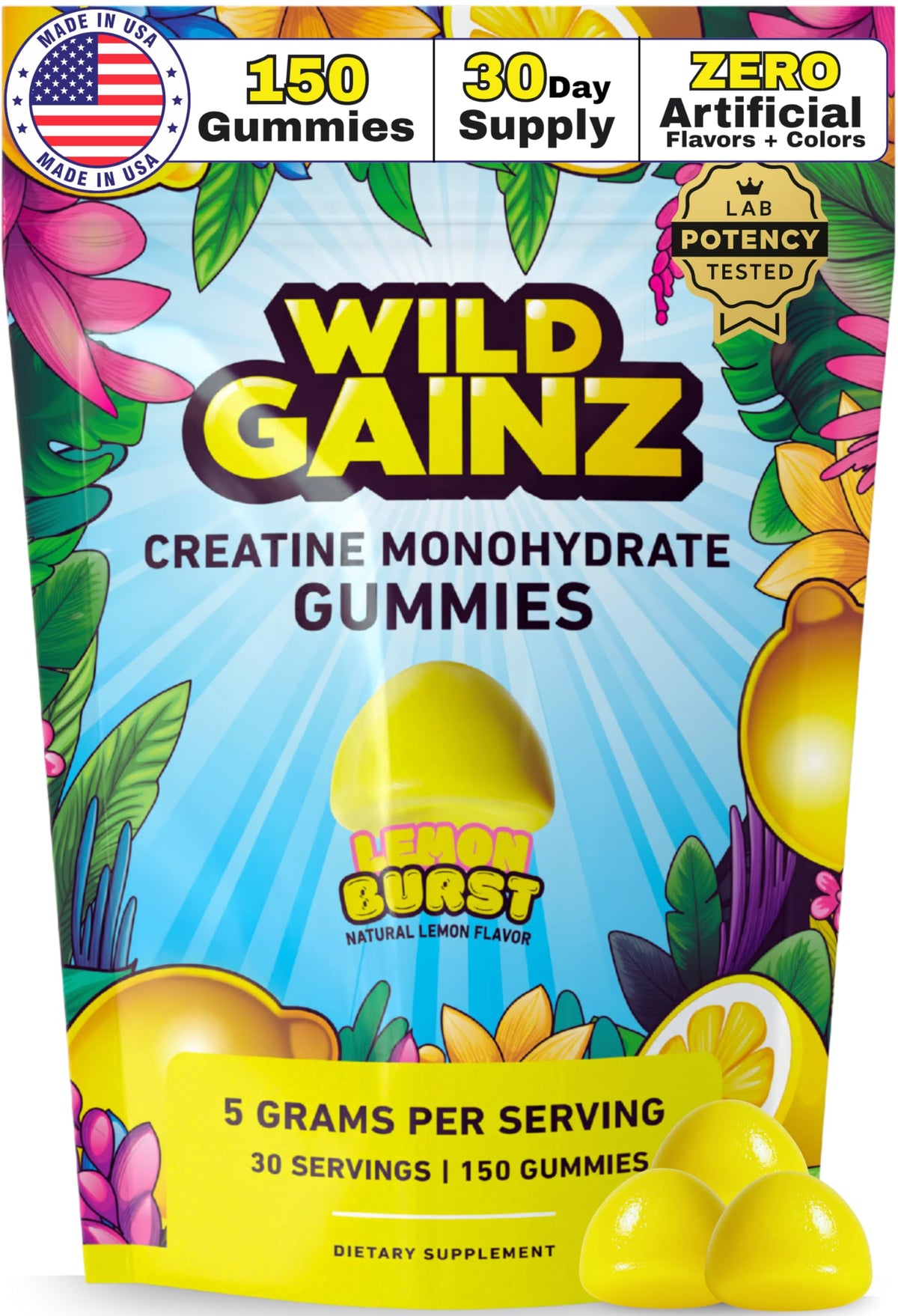 Bottle of Creatine Monohydrate Gummies lemon flavor with 150 chews