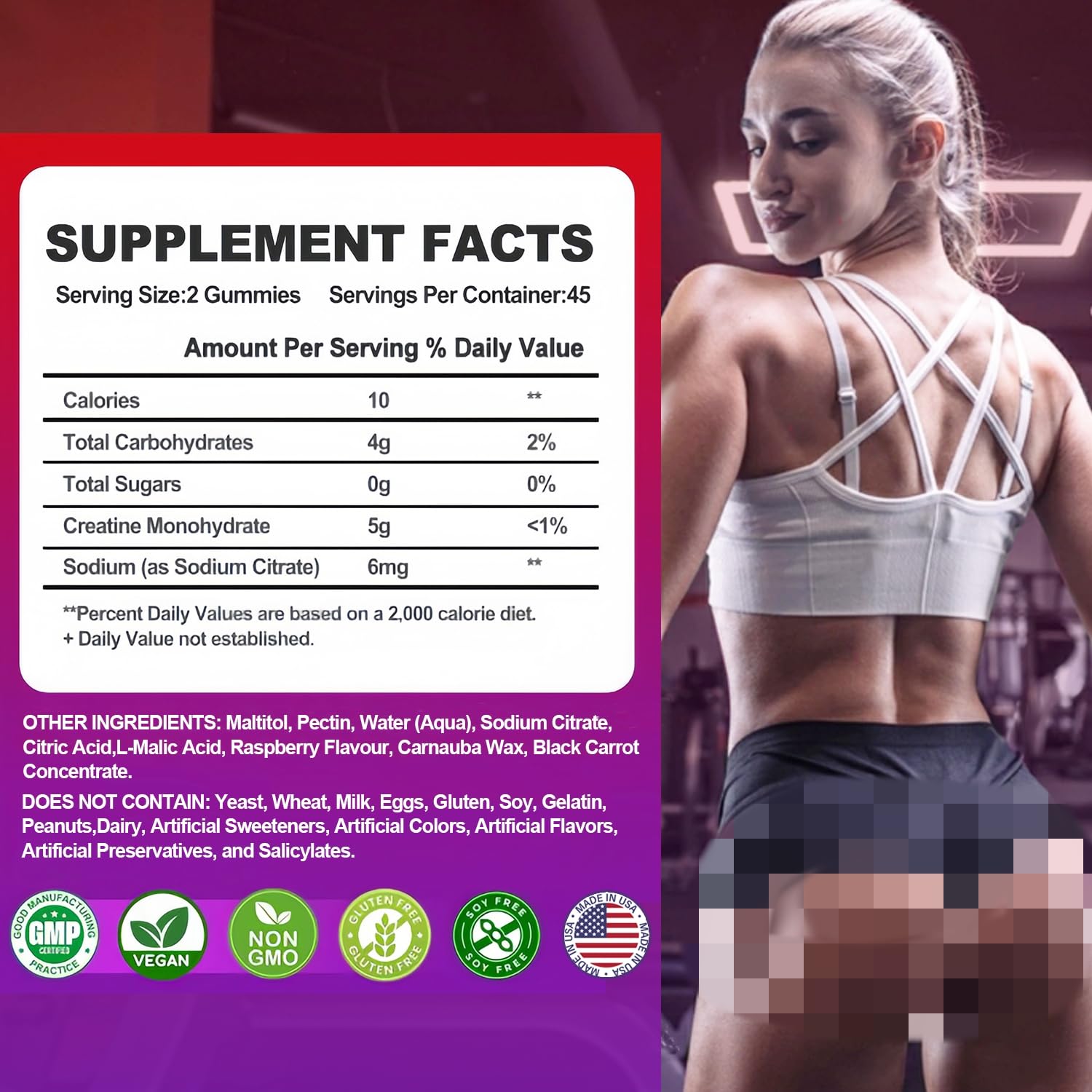 Two raspberry-flavored creatine gummies on white background