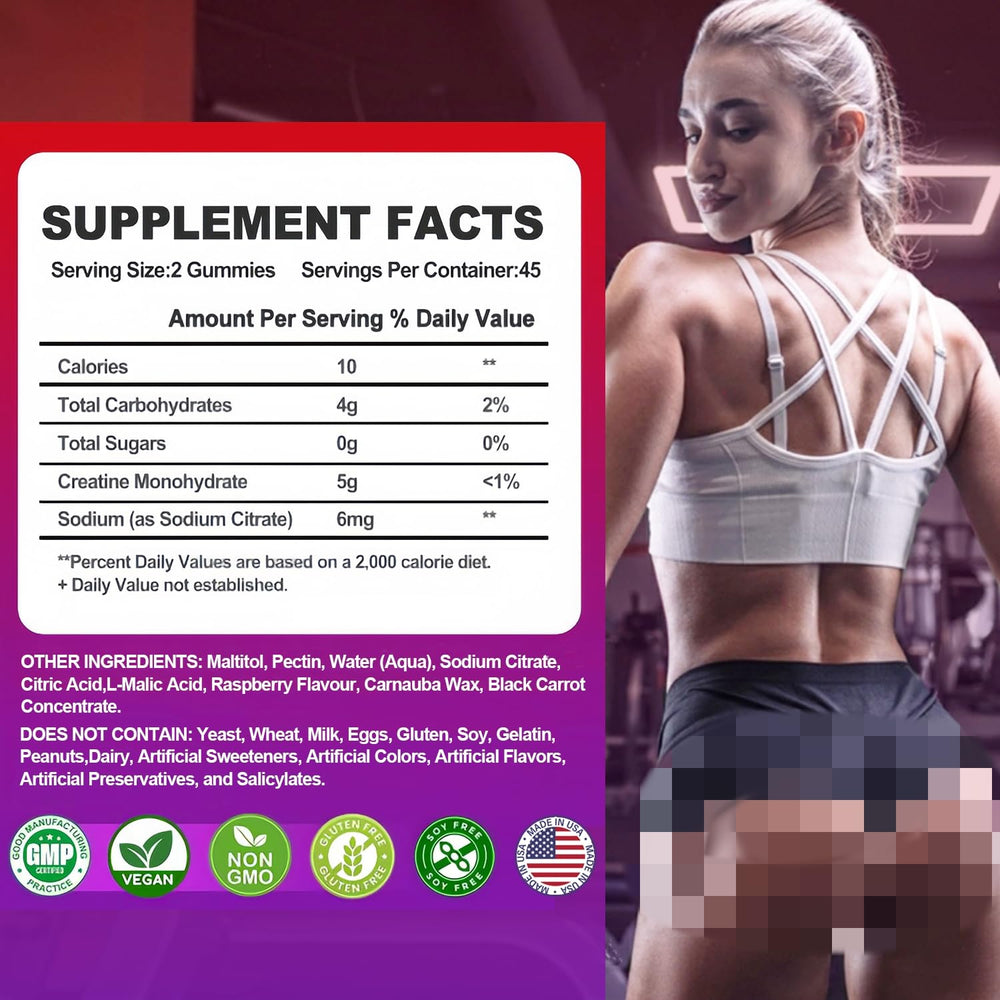 Two raspberry-flavored creatine gummies on white background