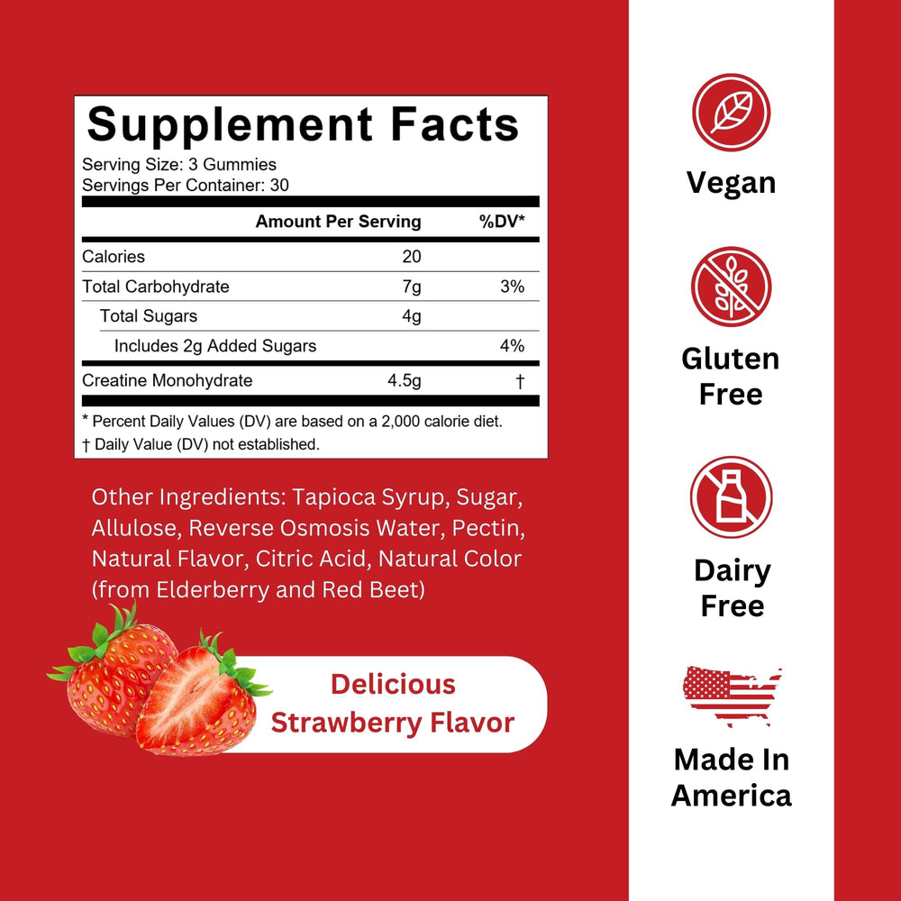 Close-up of a strawberry-flavored creatine gummy