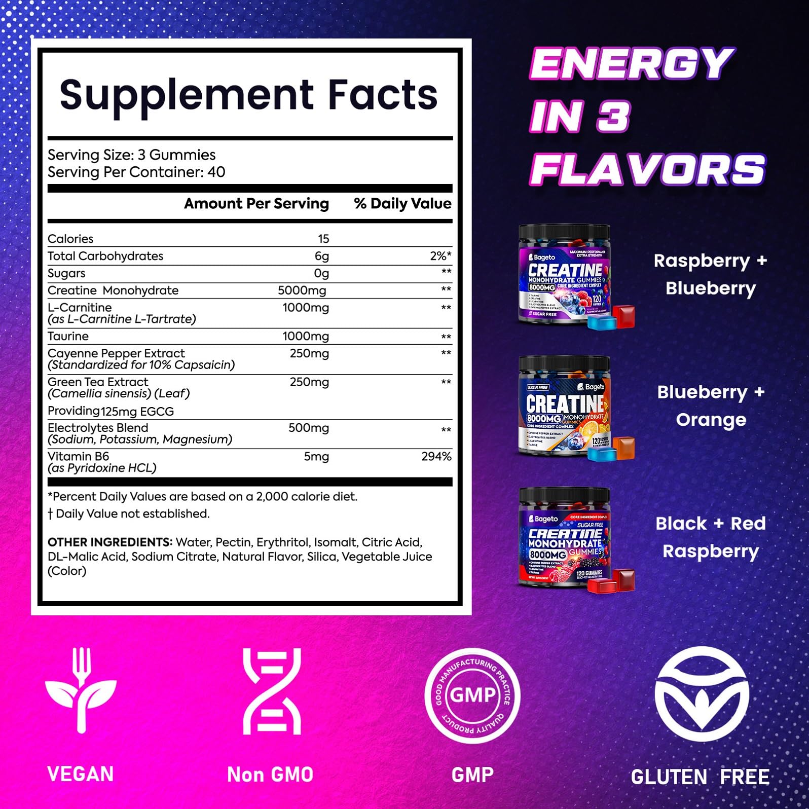 Vegan, gluten-free, and sugar-free labeling on bottle