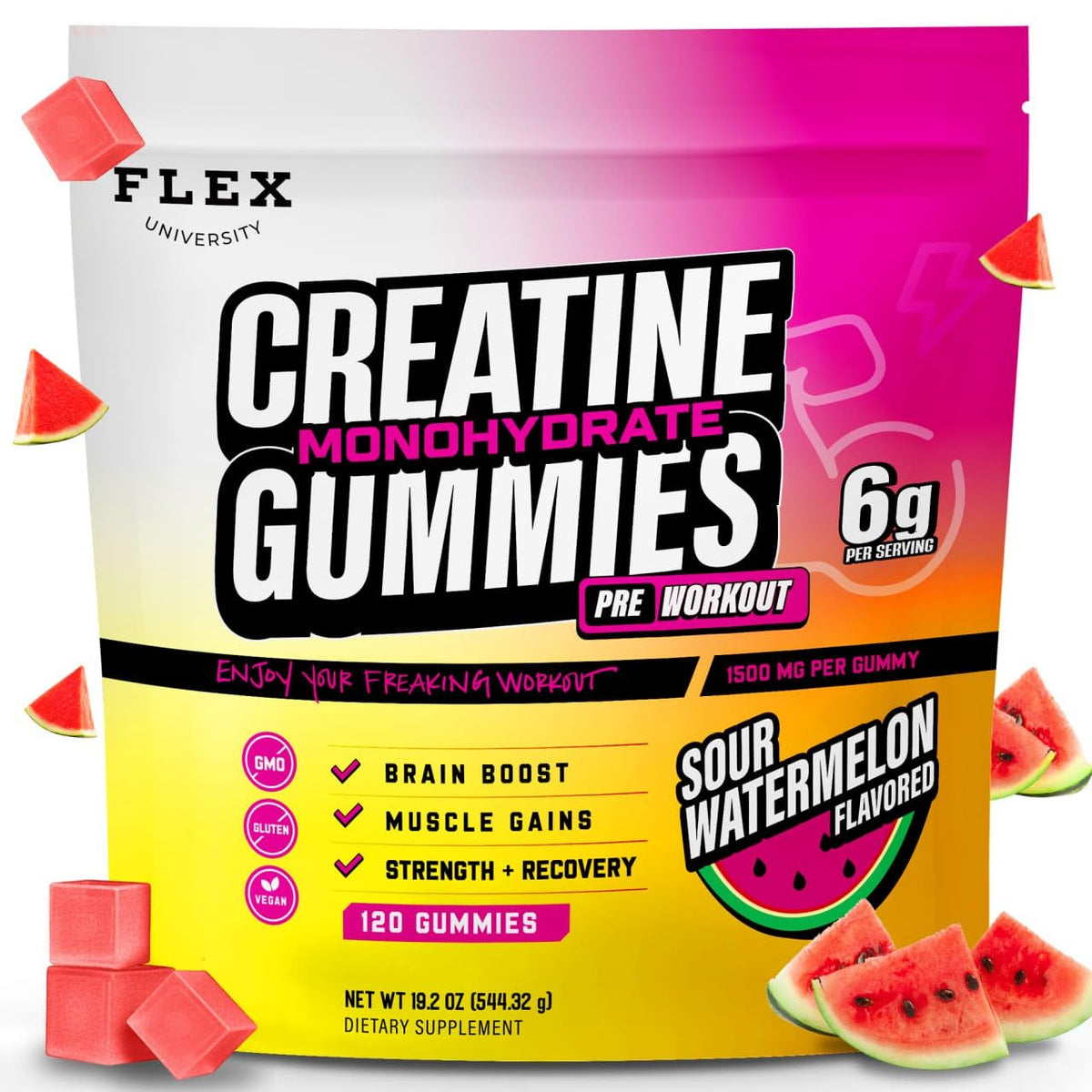 Front view of Creatine Monohydrate Gummies watermelon flavor bottle 120 count