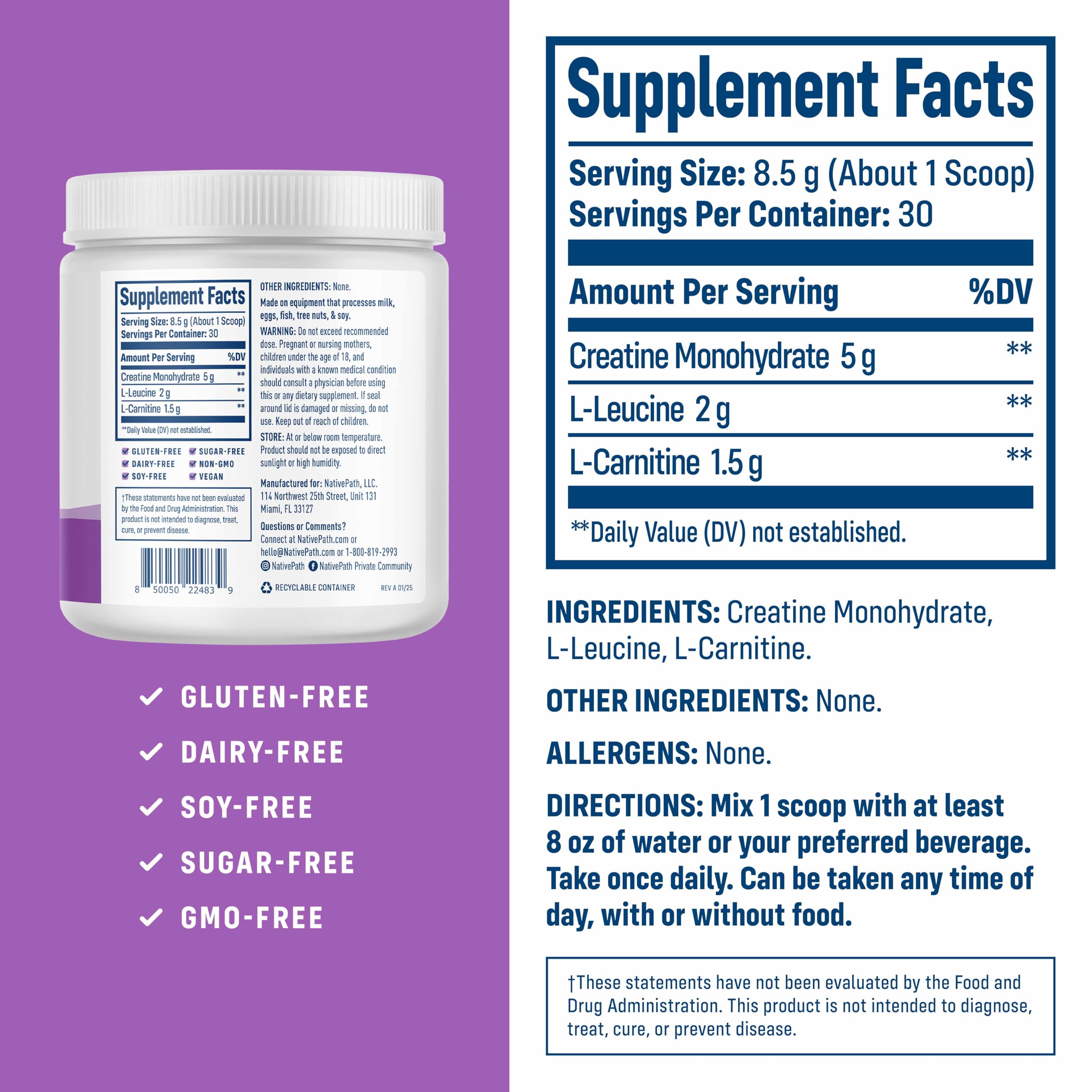 Creatine Monohydrate with L-Leucine and L-Carnitine ingredients per serving