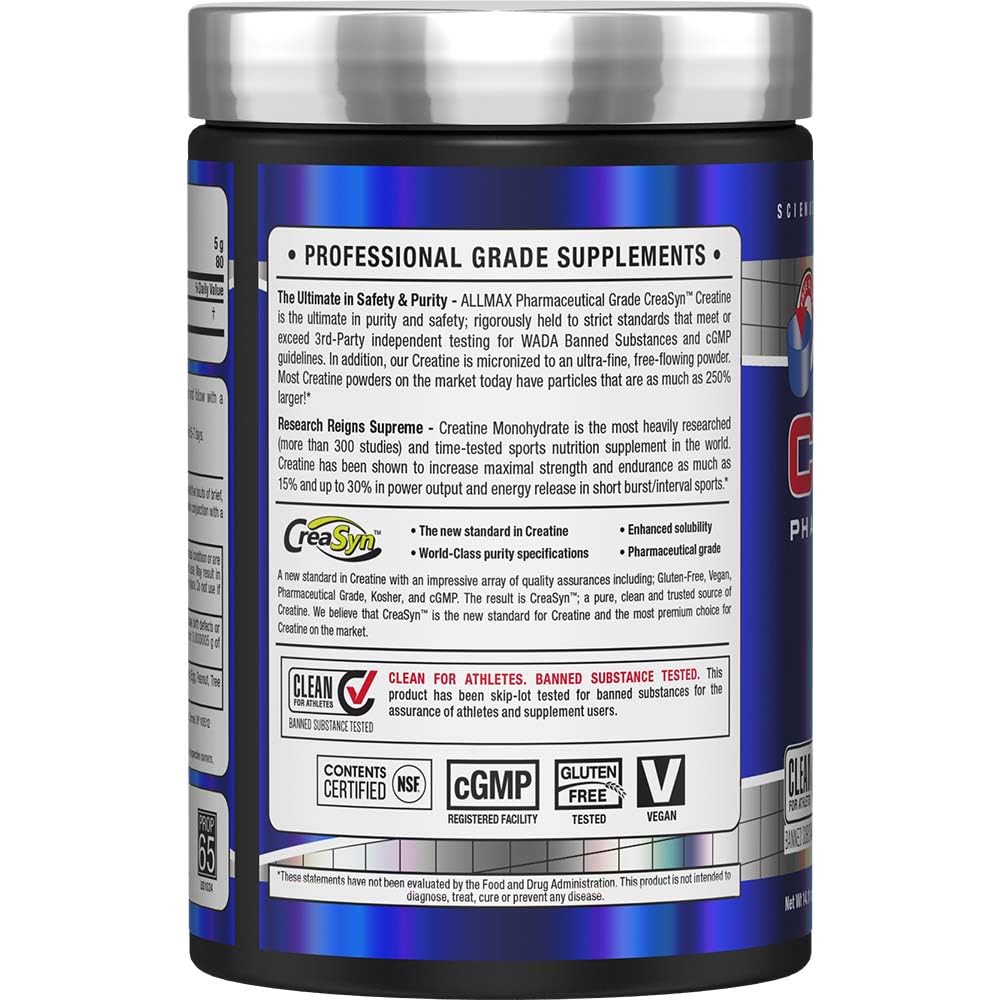 Close-up of micronized creatine powder texture in 400g container