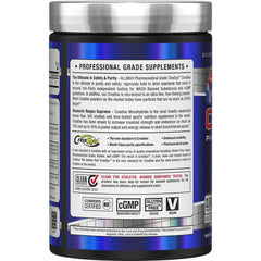 Close-up of micronized creatine powder texture in 400g container
